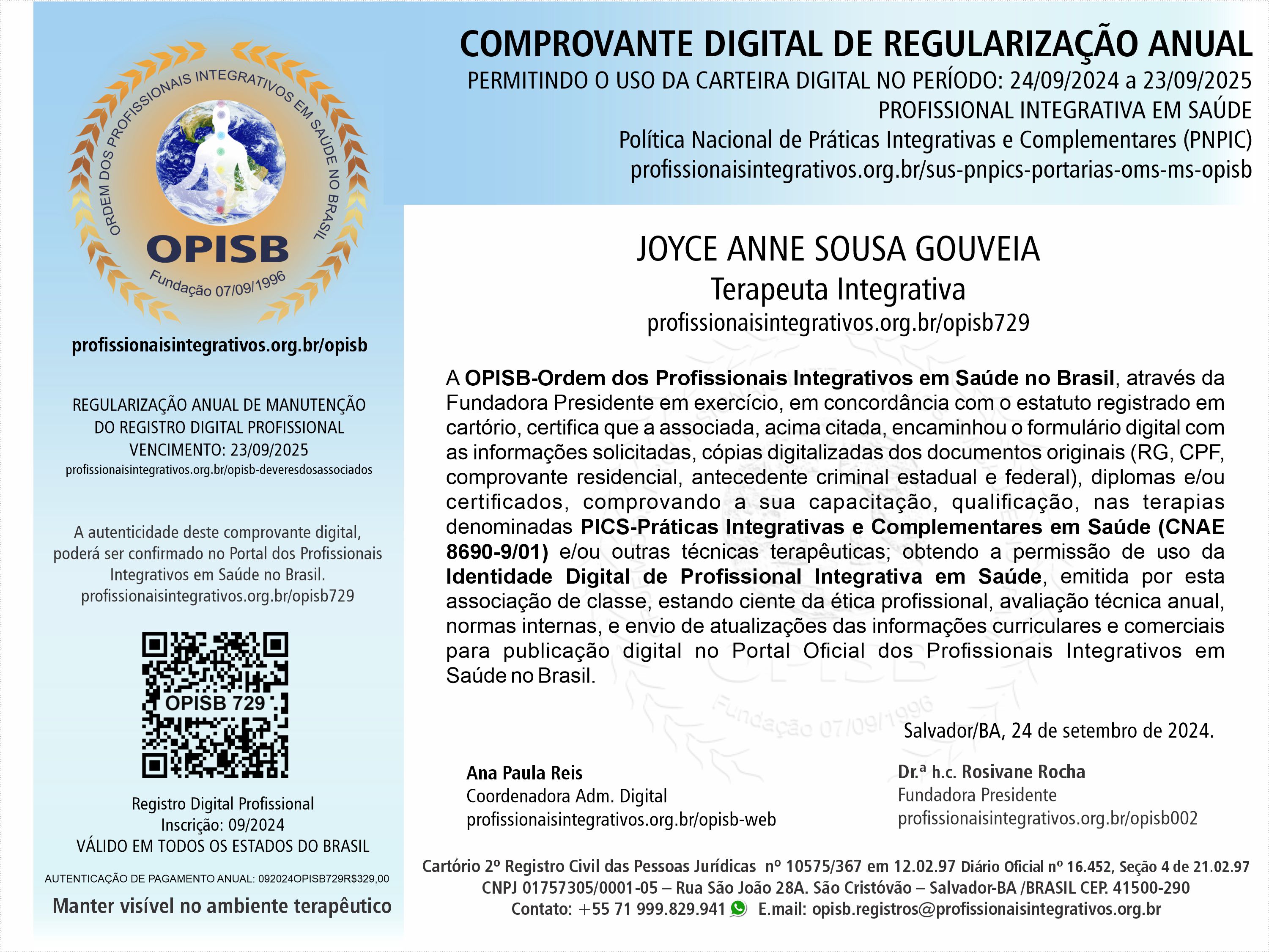 OPISB 729 Joyce Gouveia Comprovante Digital de Regularização Anual