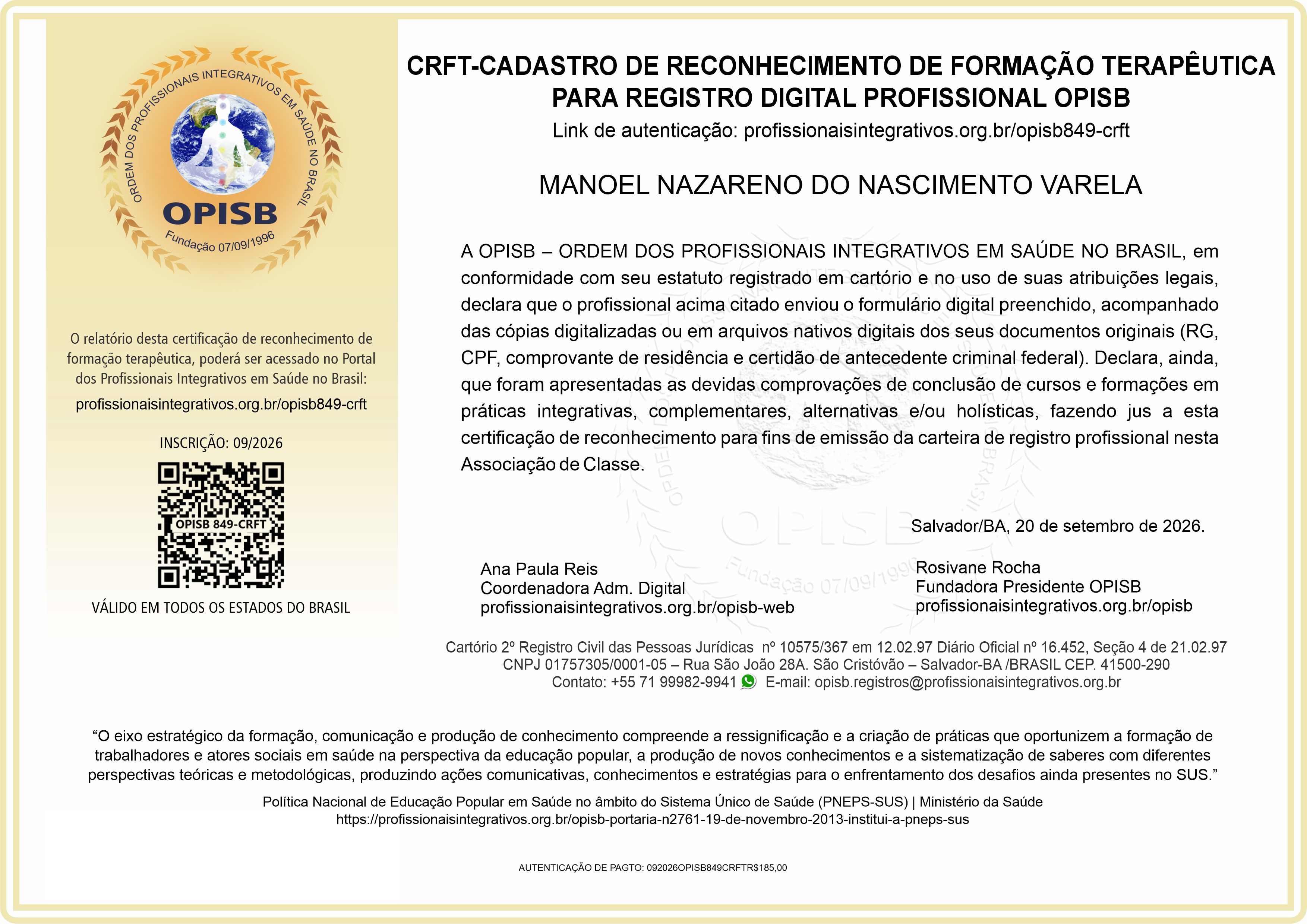 OPISB 849-CRFT Cadastro de Reconhecimento de Formação Terapêutica