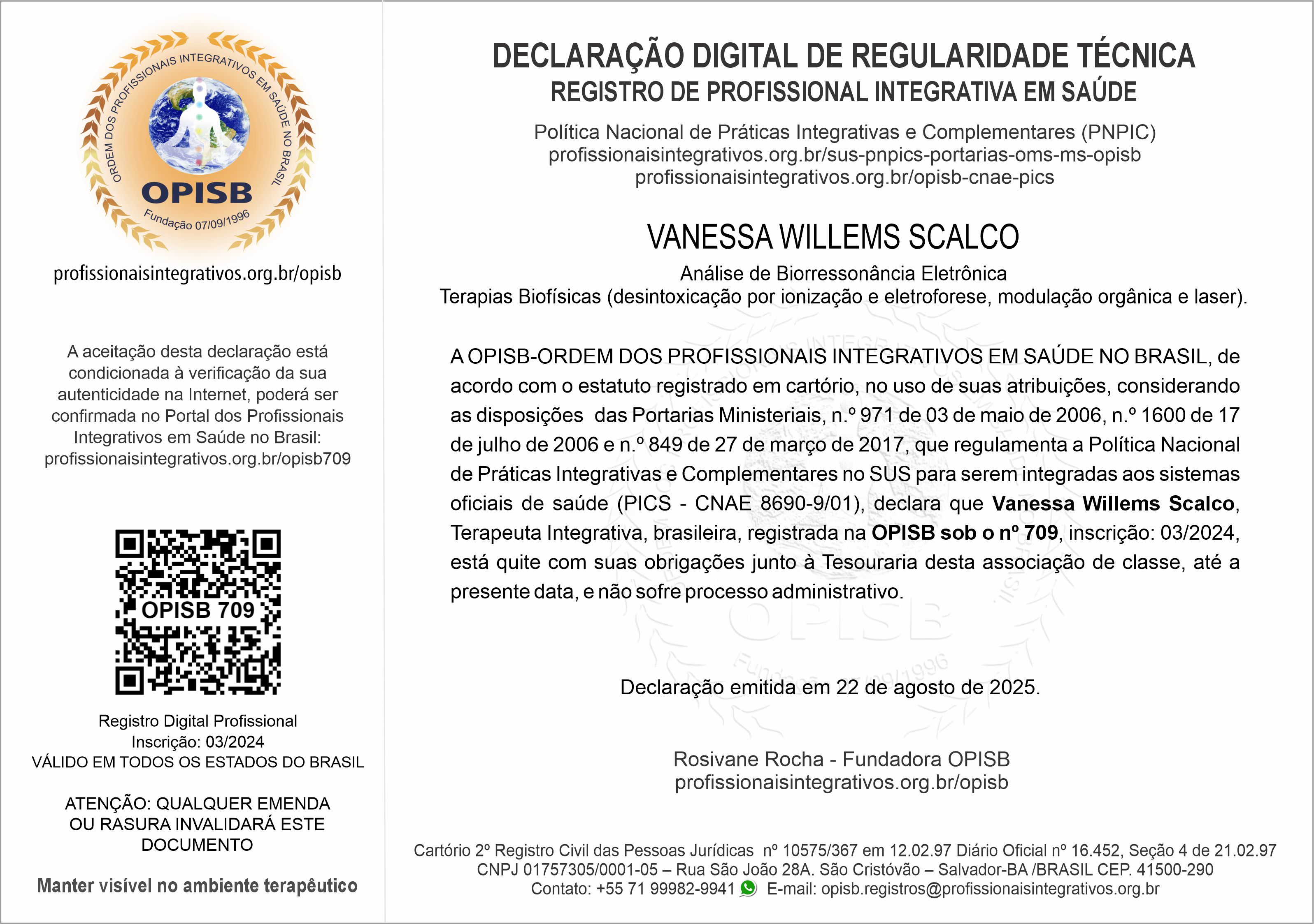 OPISB 709 Vanessa Scalco Declaração Digital de Regularidade Técnica