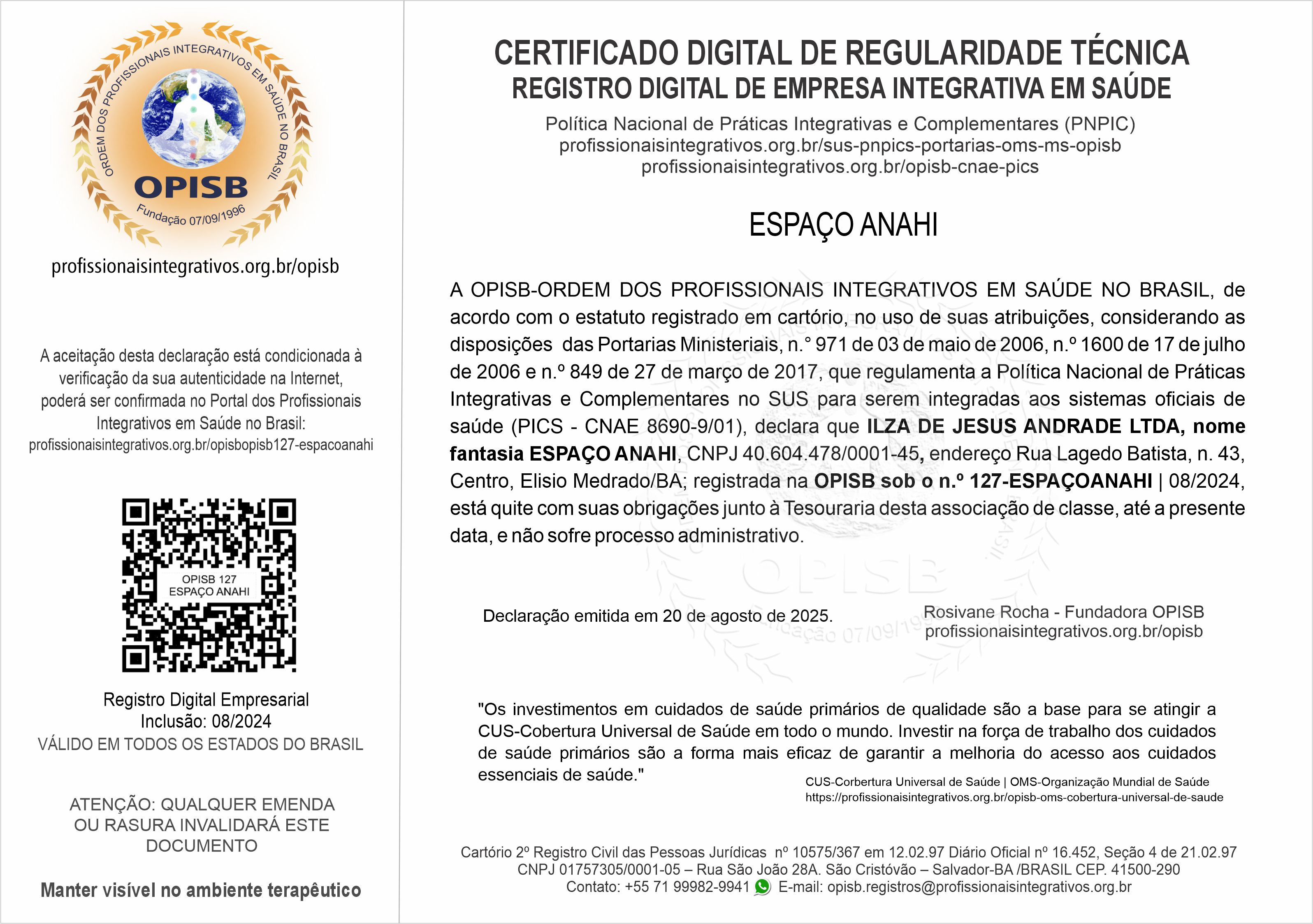 OPISB 127-ESPAÇOANAHI Certificado Digital de Regularidade Técnica