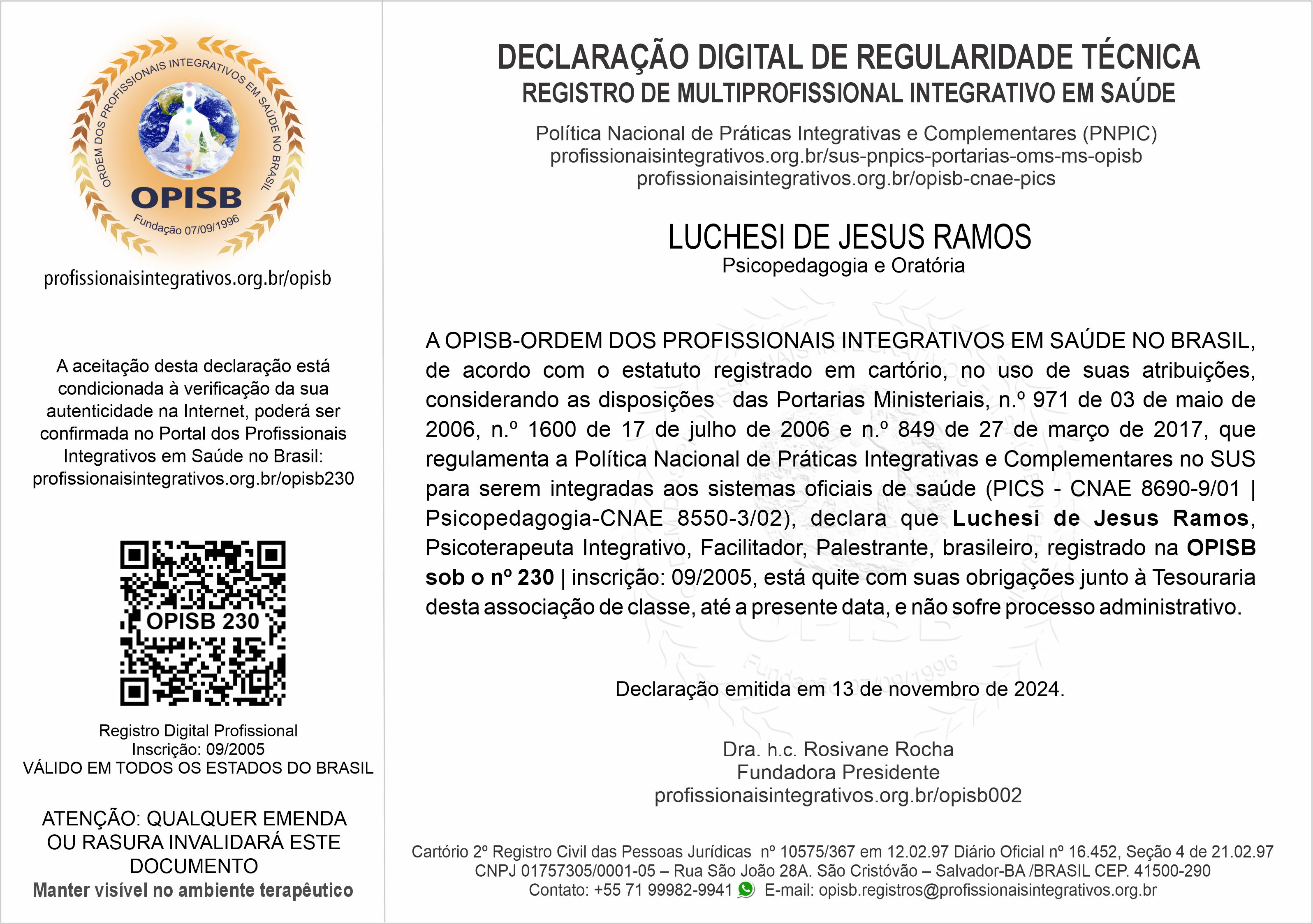 OPISB 230  Prof. Jesus Ramos  Declaração Digital de Regularidade Técnica