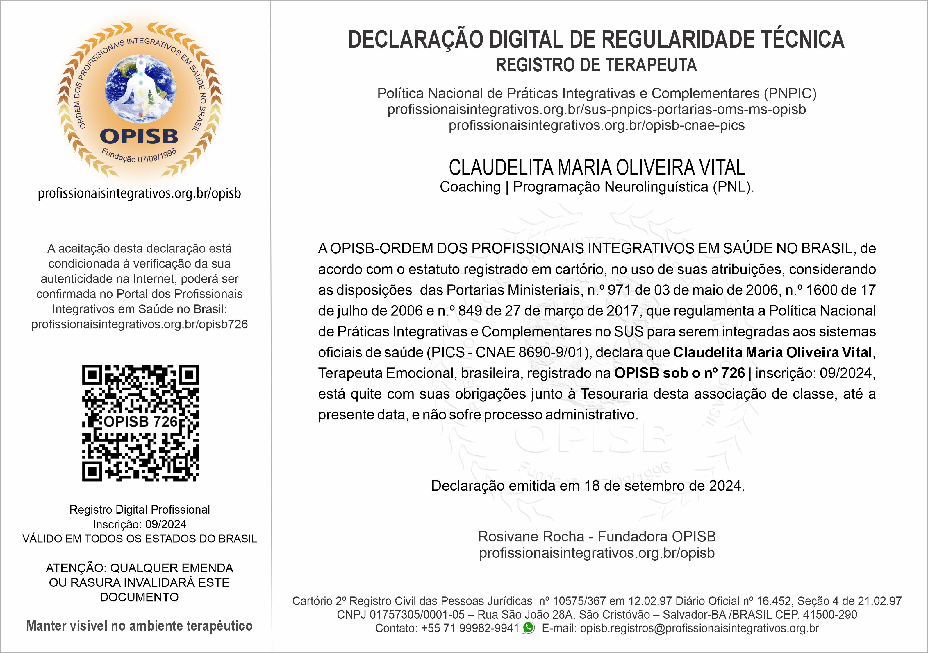 OPISB 726 Claudelita Vital  Declaração Digital de Regularidade Técnica