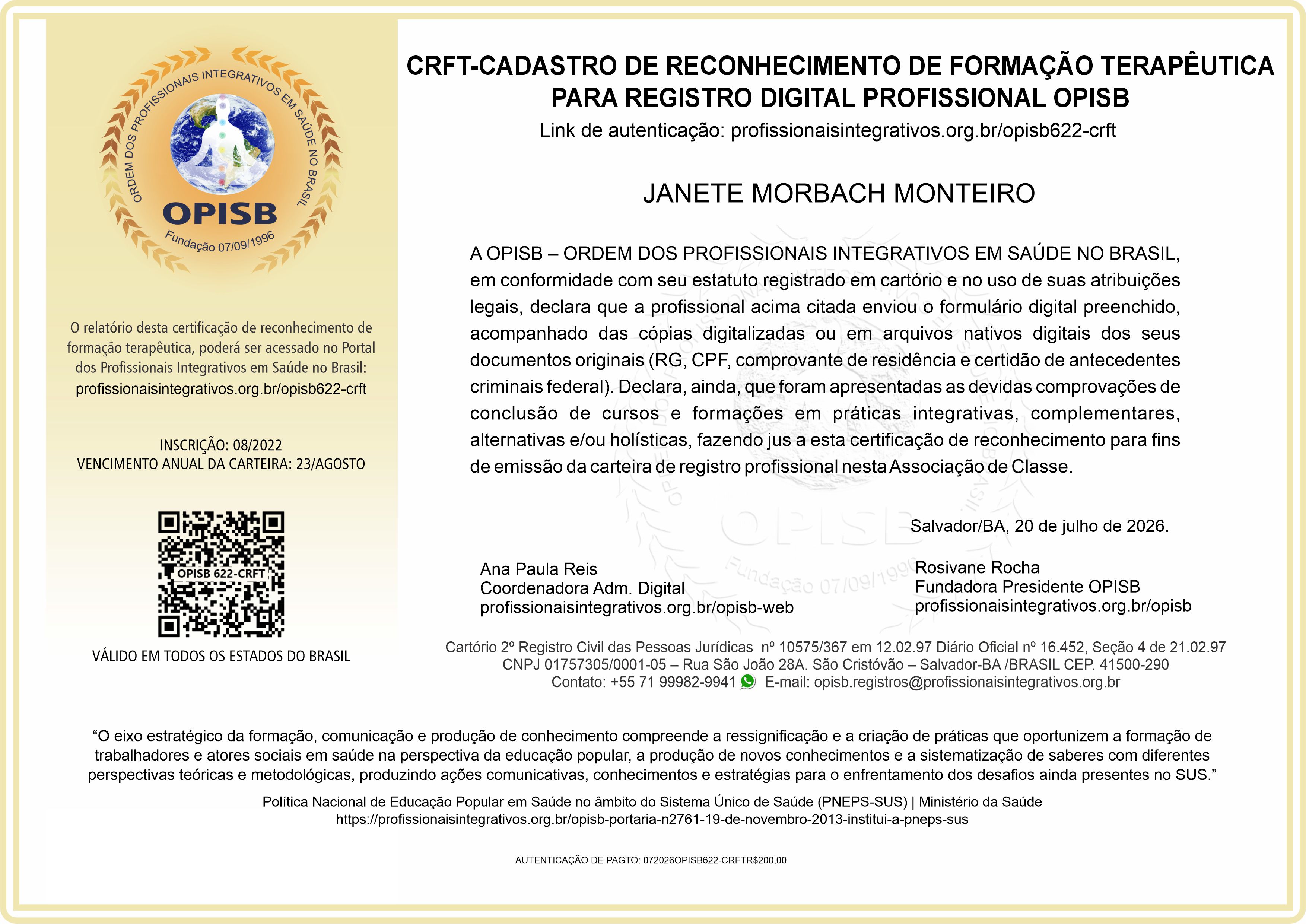 OPISB 622-CRFT Janete Morbach Monteiro Cadastro de Reconhecimento de Formação Terapêutica
