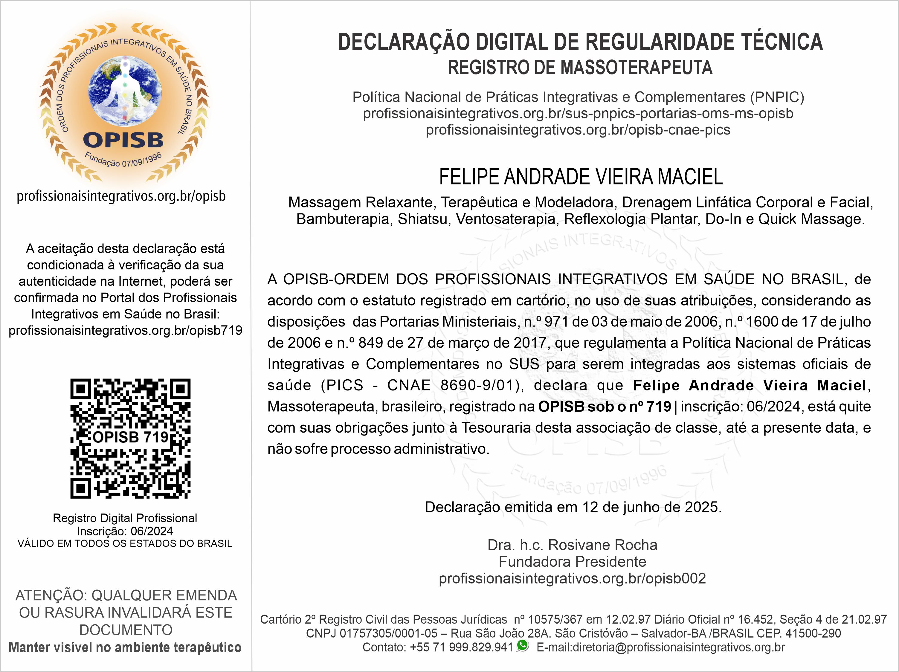 OPISB 719 Declaração Digital de Regularidade Técnica