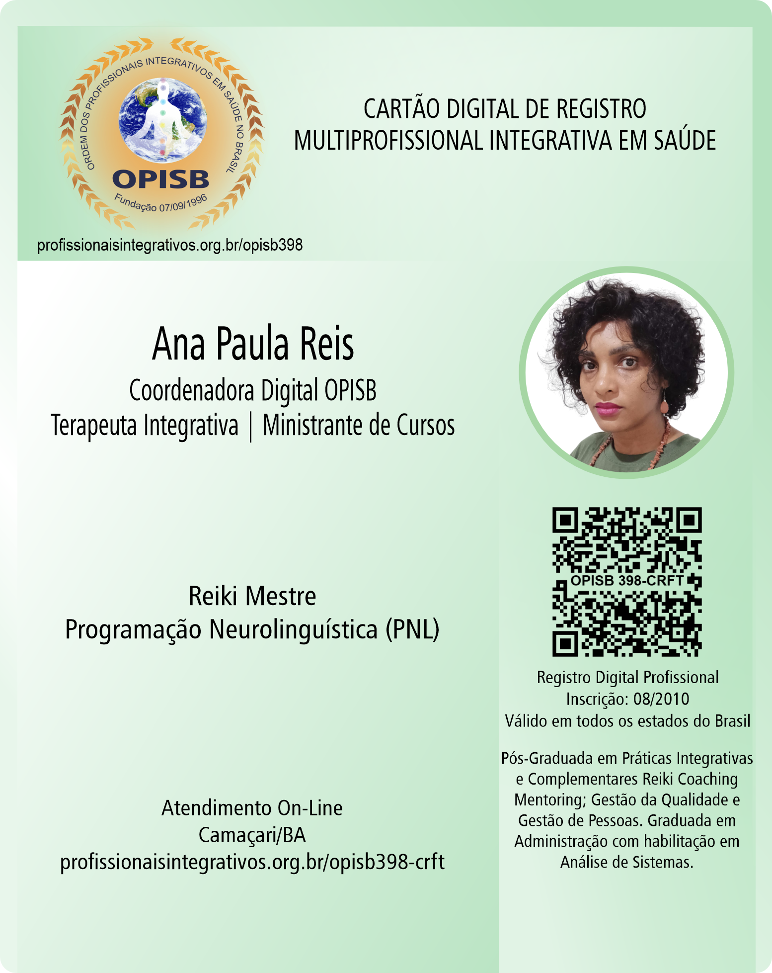 OPISB 398 Ana Paula Reis Terapeuta Integrativa Ministrante de Cursos 
