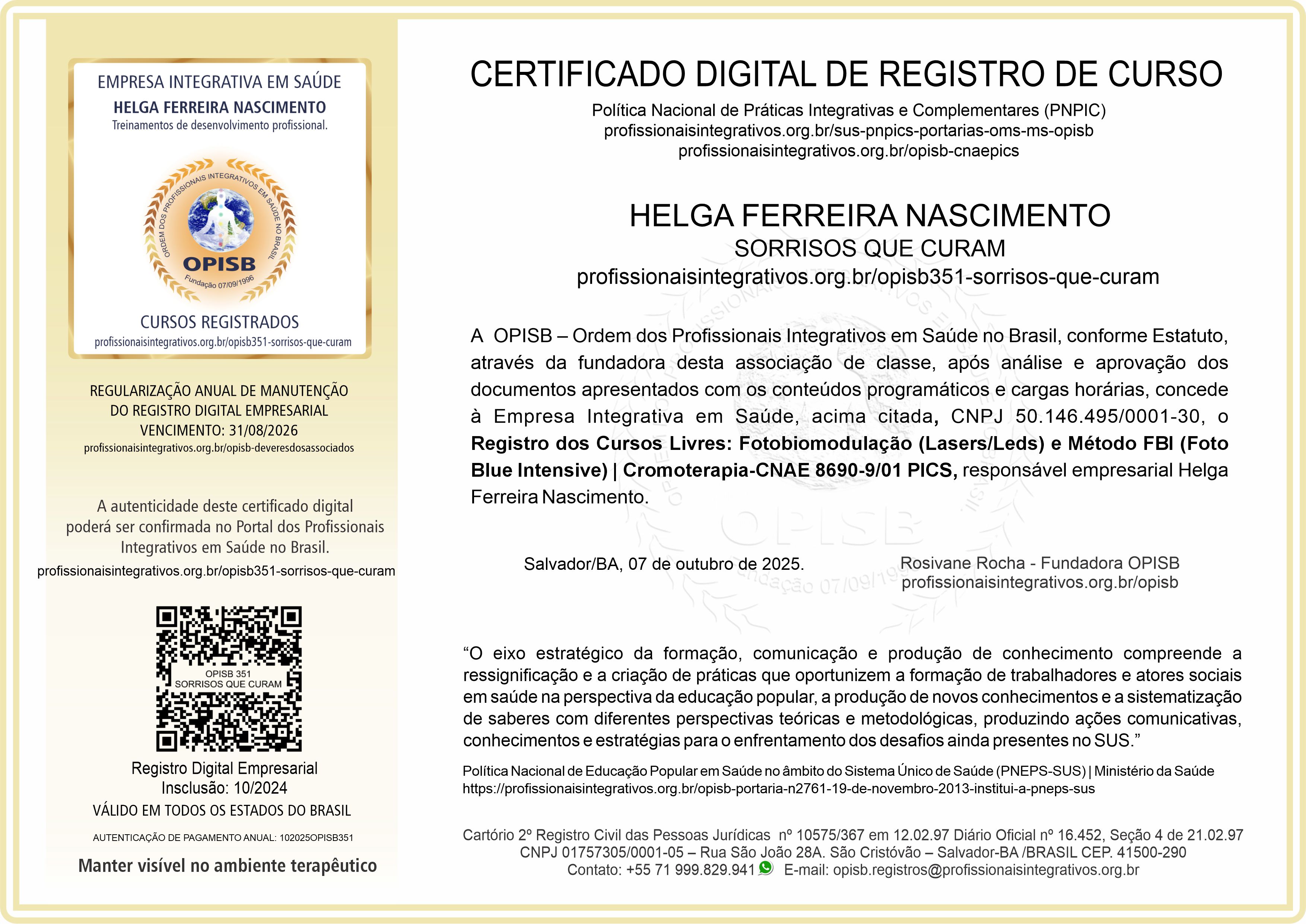 OPISB 351-SORRISOS QUE CURAM Certificado de Registro de Cursos