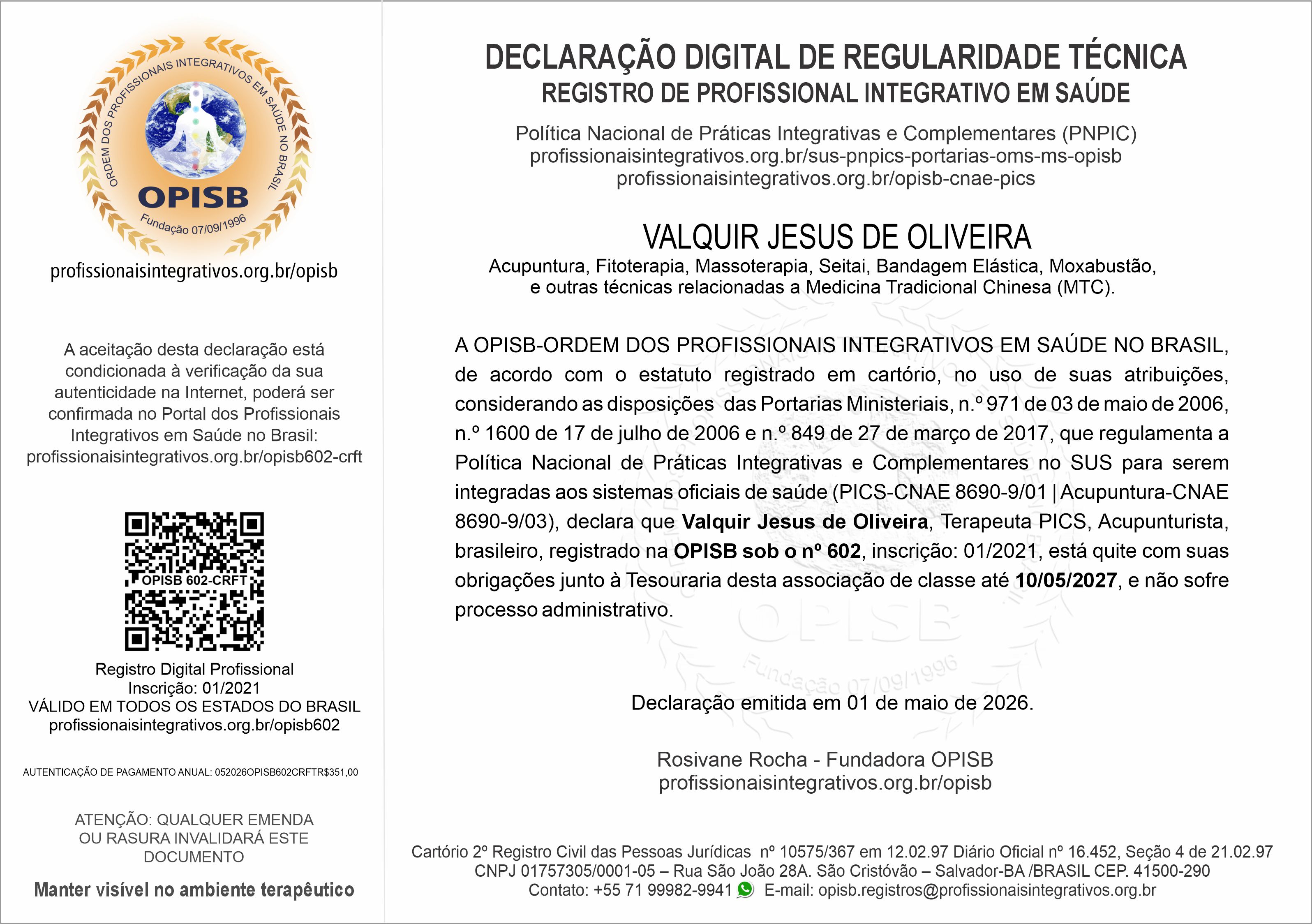 OPISB 602 Declaração Digital de Regularidade Técnica