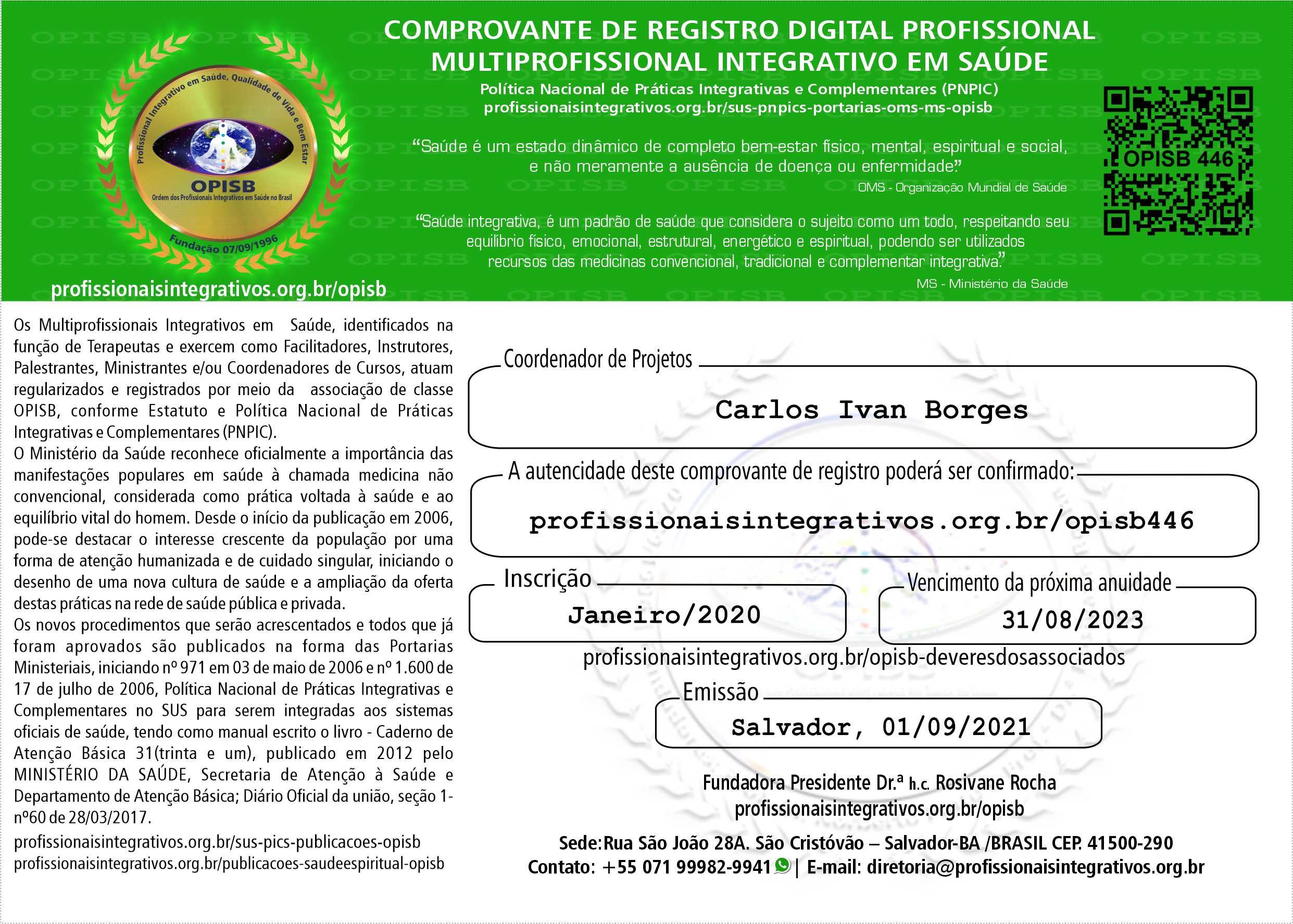 OPISB 446 CARLOS IVAN BORGES DA PAIXÃO BARRETO COMPROVANTE DE REGISTRO DIGITAL MULTIPROFISSIONAL INTEGRATIVO EM SAÚDE
