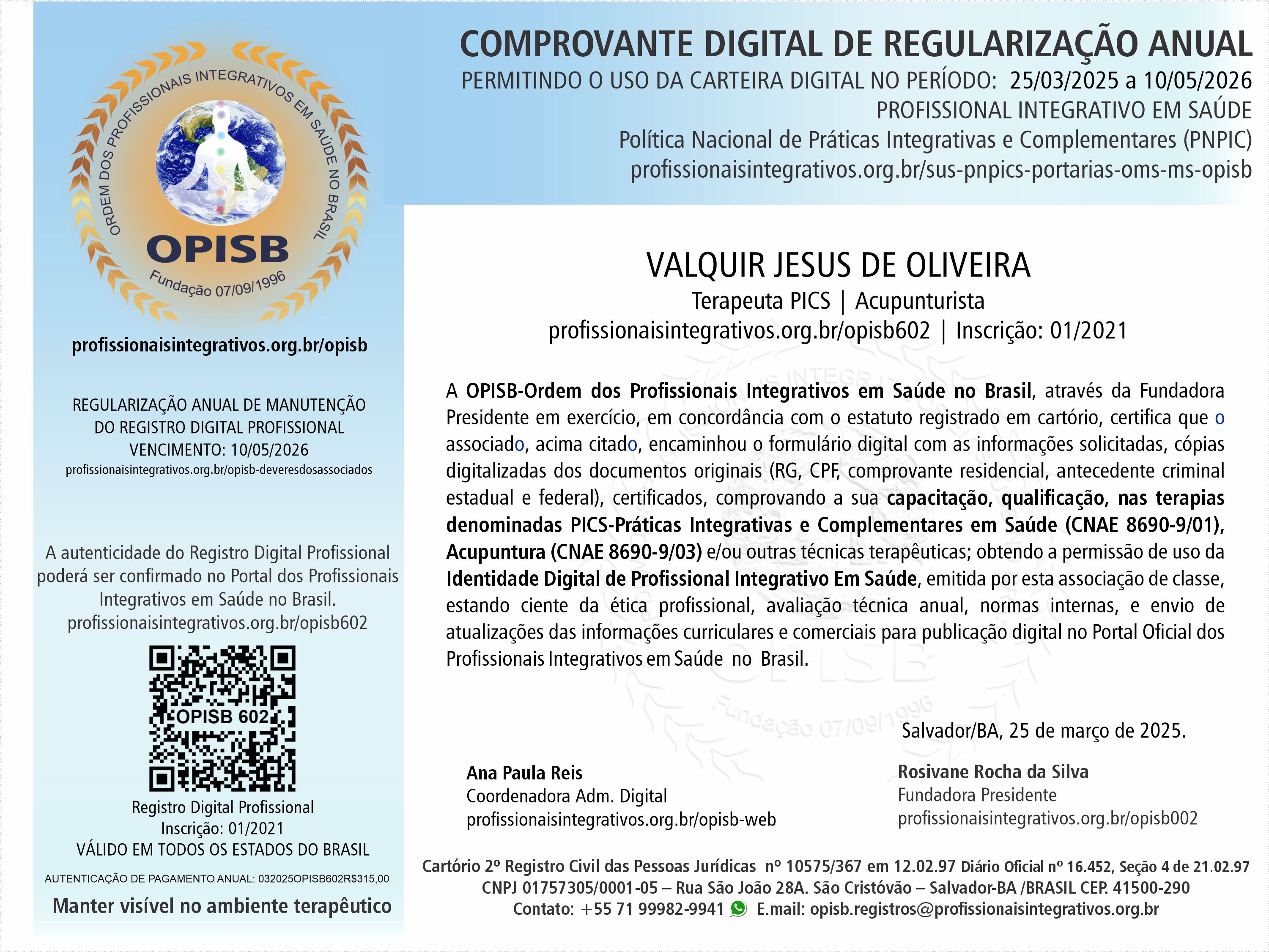 OPISB 602 Valquir Jesus de Oliveira Comprovante Digital de Regularização Anual 