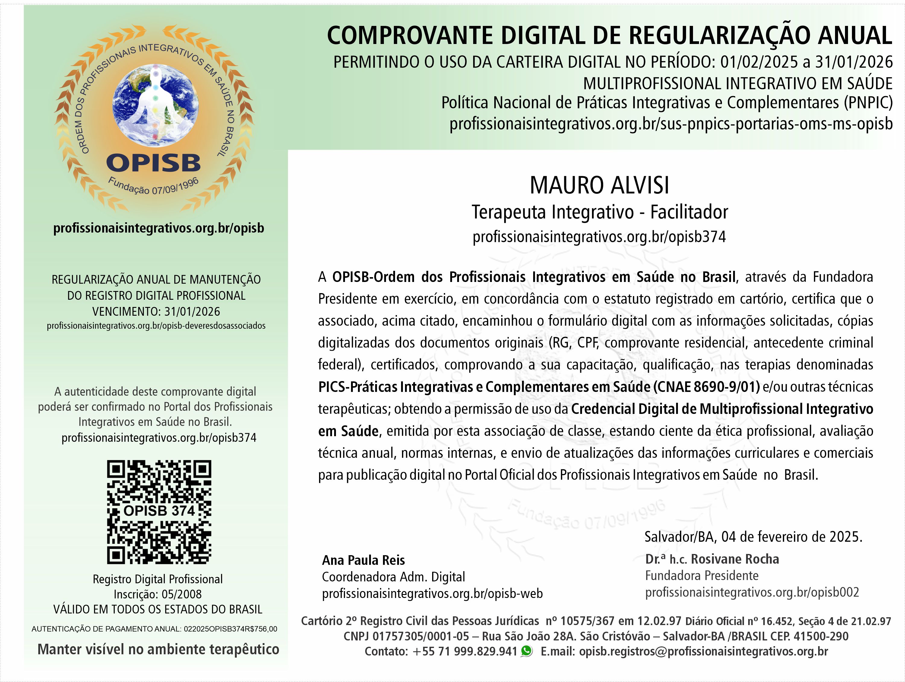 OPISB 374 Mauro Alvisi Comprovante Digital de Regularização Anual