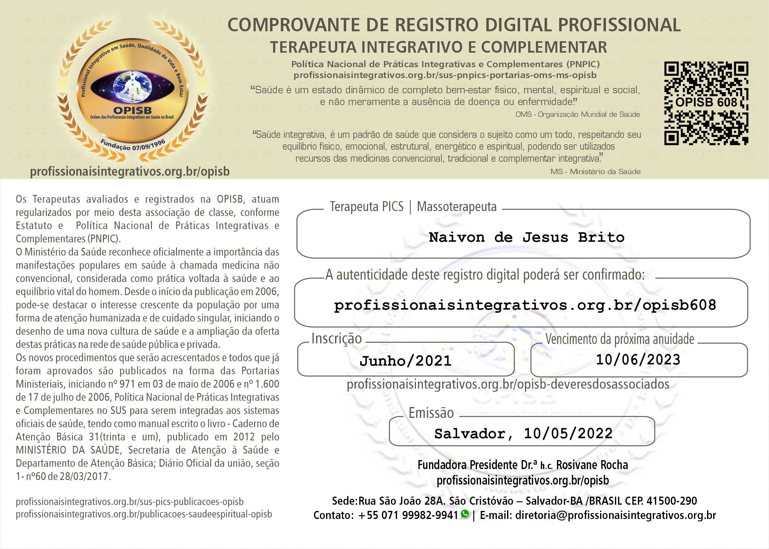 OPISB 608 NAIVON DE JESUS BRITO TERAPEUTA PICS MASSOTERAPEUTA COMPROVANTE DE REGISTRO  DIGITAL PROFISSIONAL