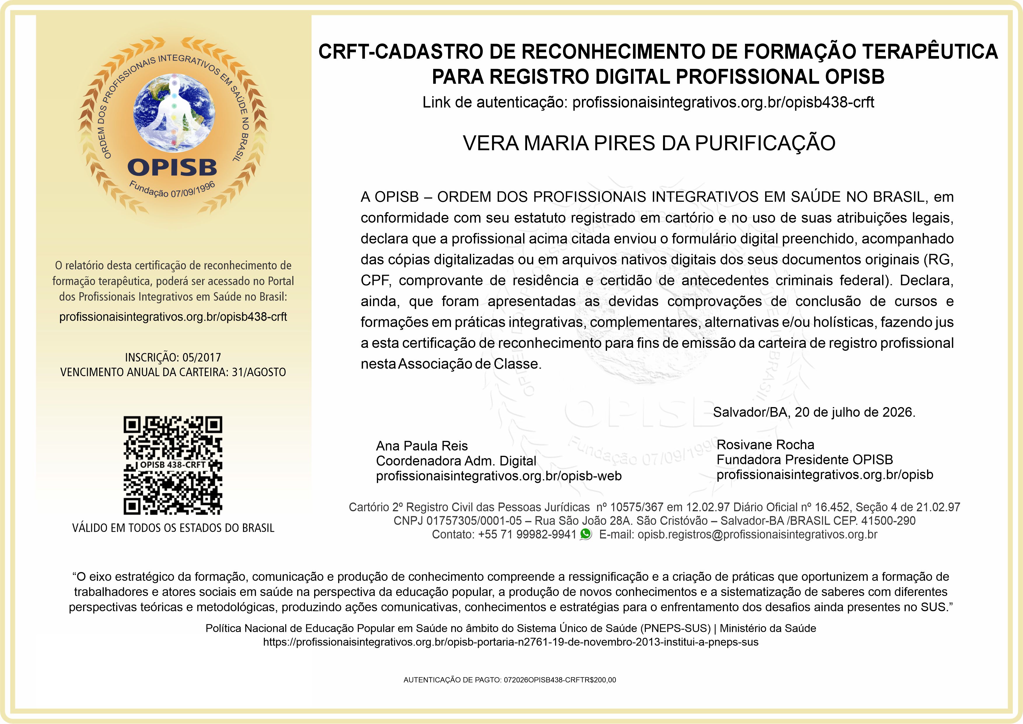OPISB 438-CRFT Vera Maria Pires da Purificação Cadastro de Reconhecimento de Formação Terapêutica