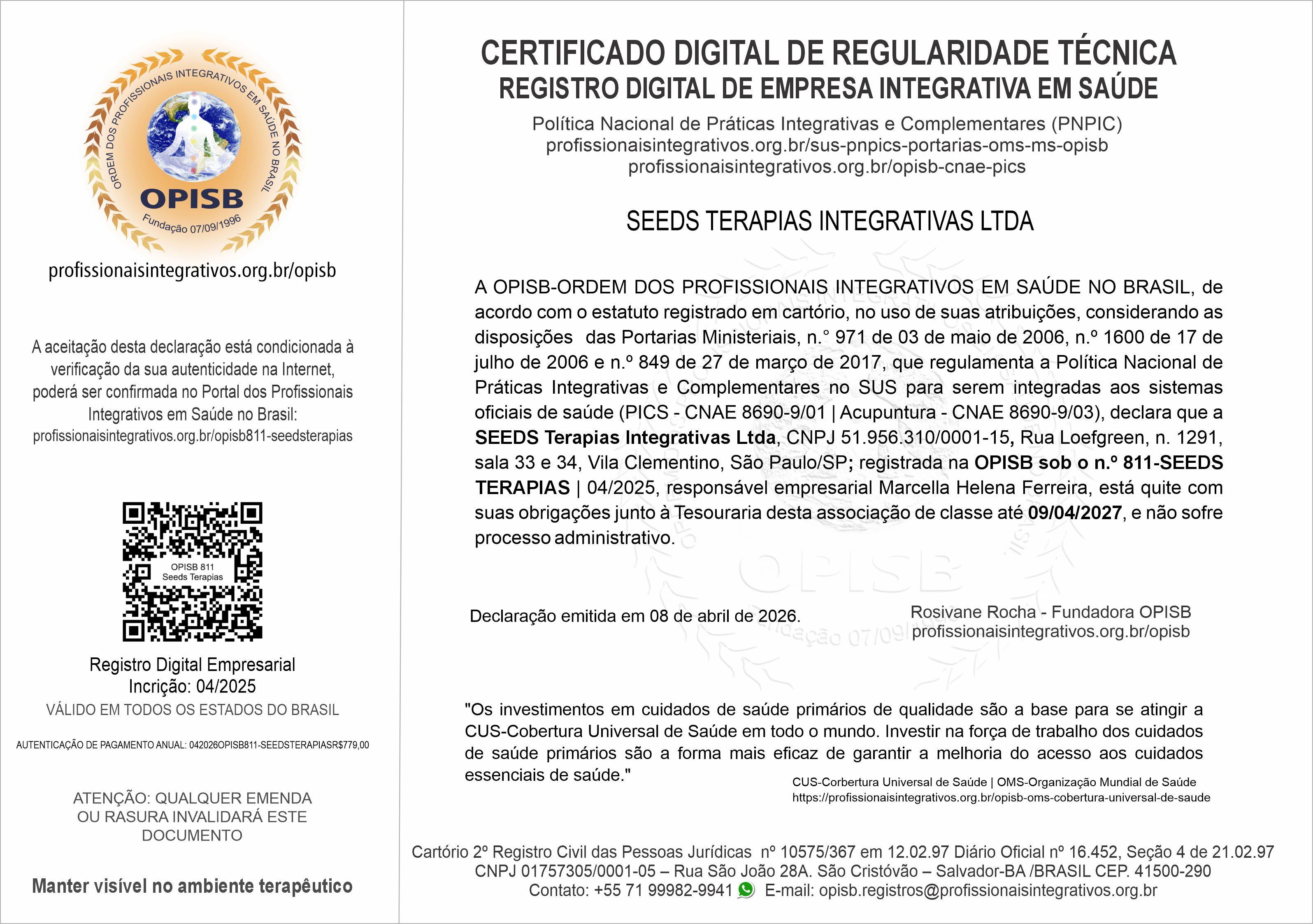 OPISB 811-Seeds Terapias Certificado Digital de Regularidade Técnica