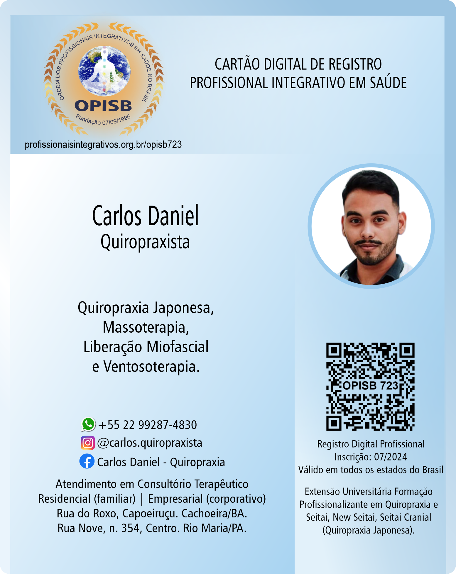 OPISB 723 Carlos Daniel - Quiropraxista | Registro Profissional | instagram  @carlos.terapiamanual | facebook Carlos Daniel - Quiropraxia | Cachoeira - Bahia
