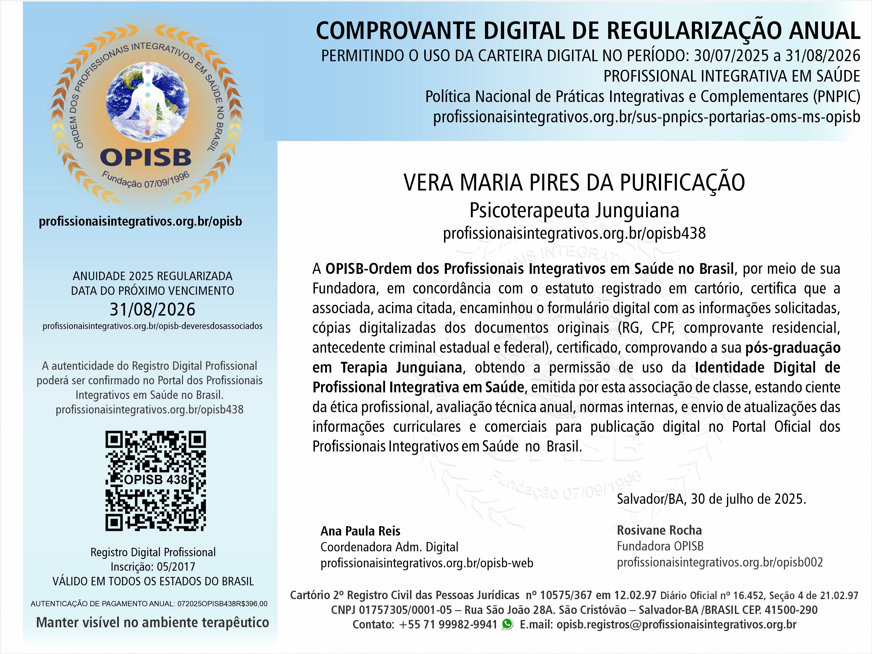 OPISB 438 Vera Purificação Comprovante Digital de Regularização Anual
