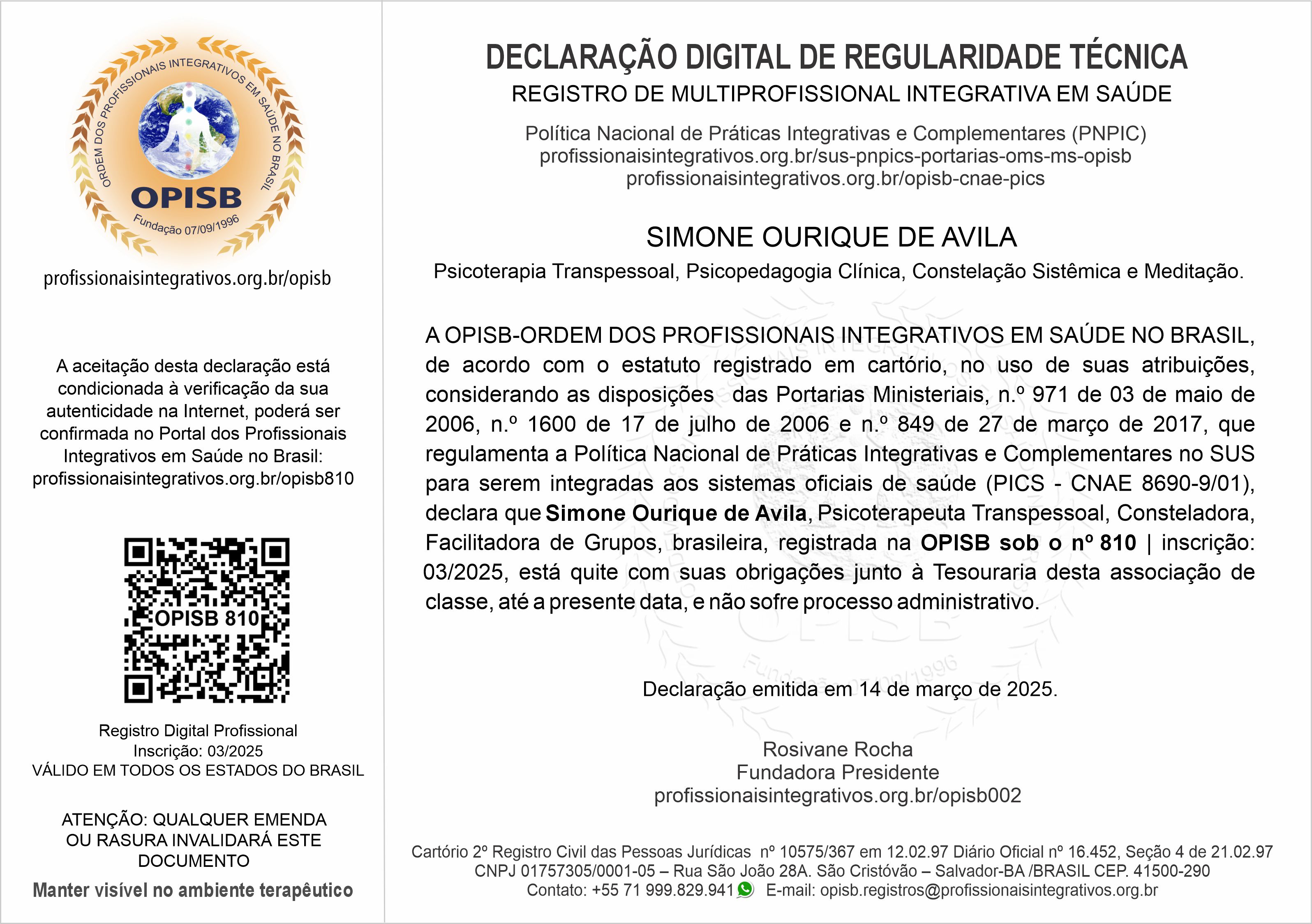 OPISB 810 Simone Ourique de Avila Declaração Digital de Regularidade Técnica