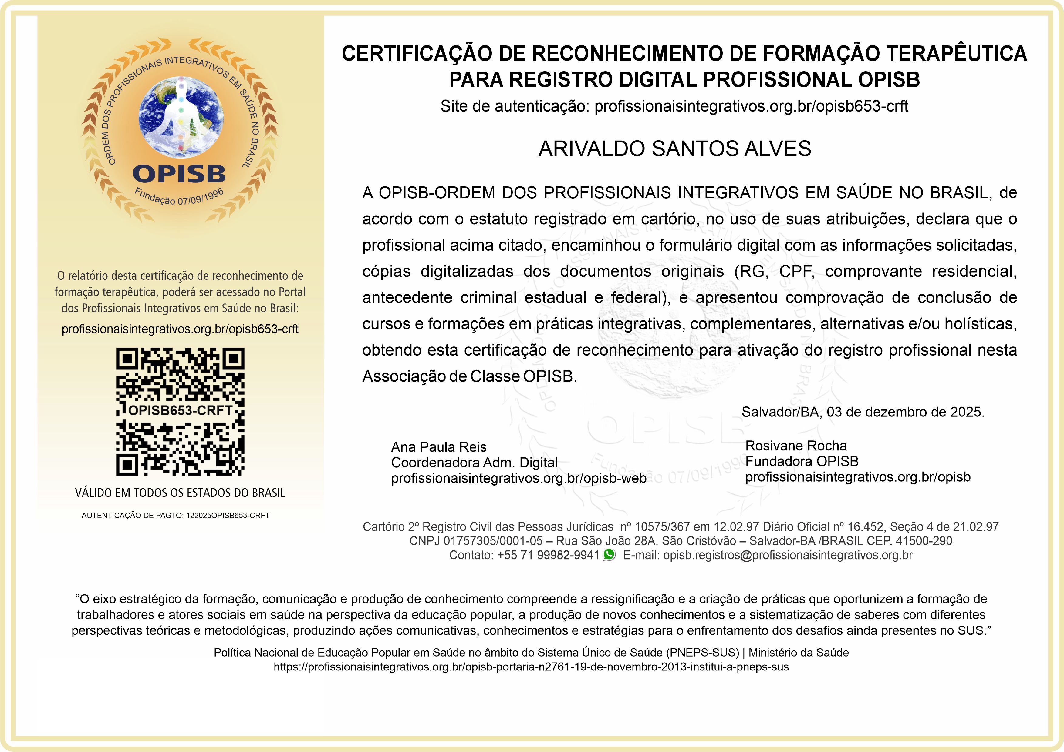 OPISB653-CRFT Certificação de Reconhecimento de Formação Terapêutica