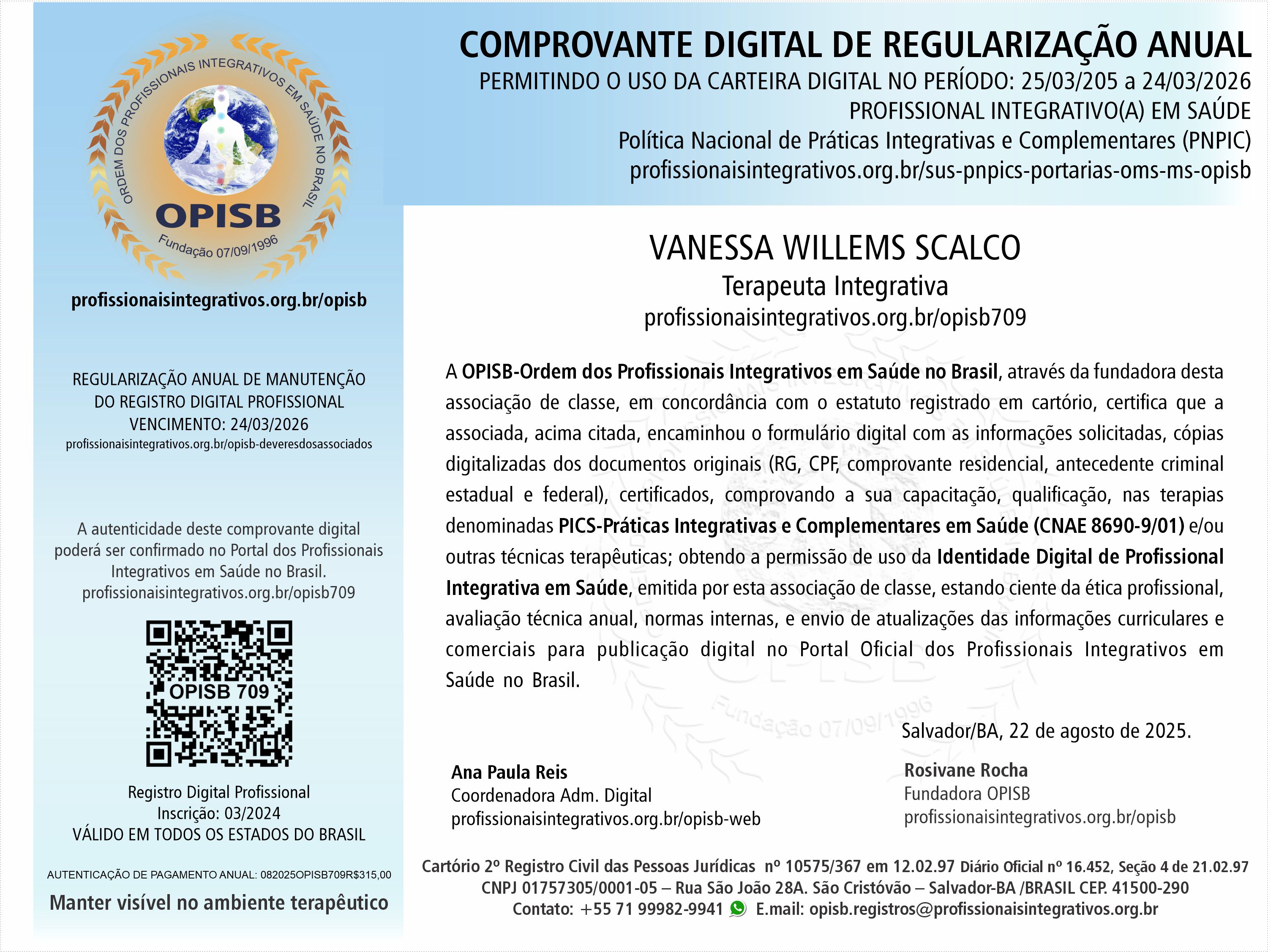 OPISB 709  Vanessa Scalco  Comprovante Digital de Regularização Anual
