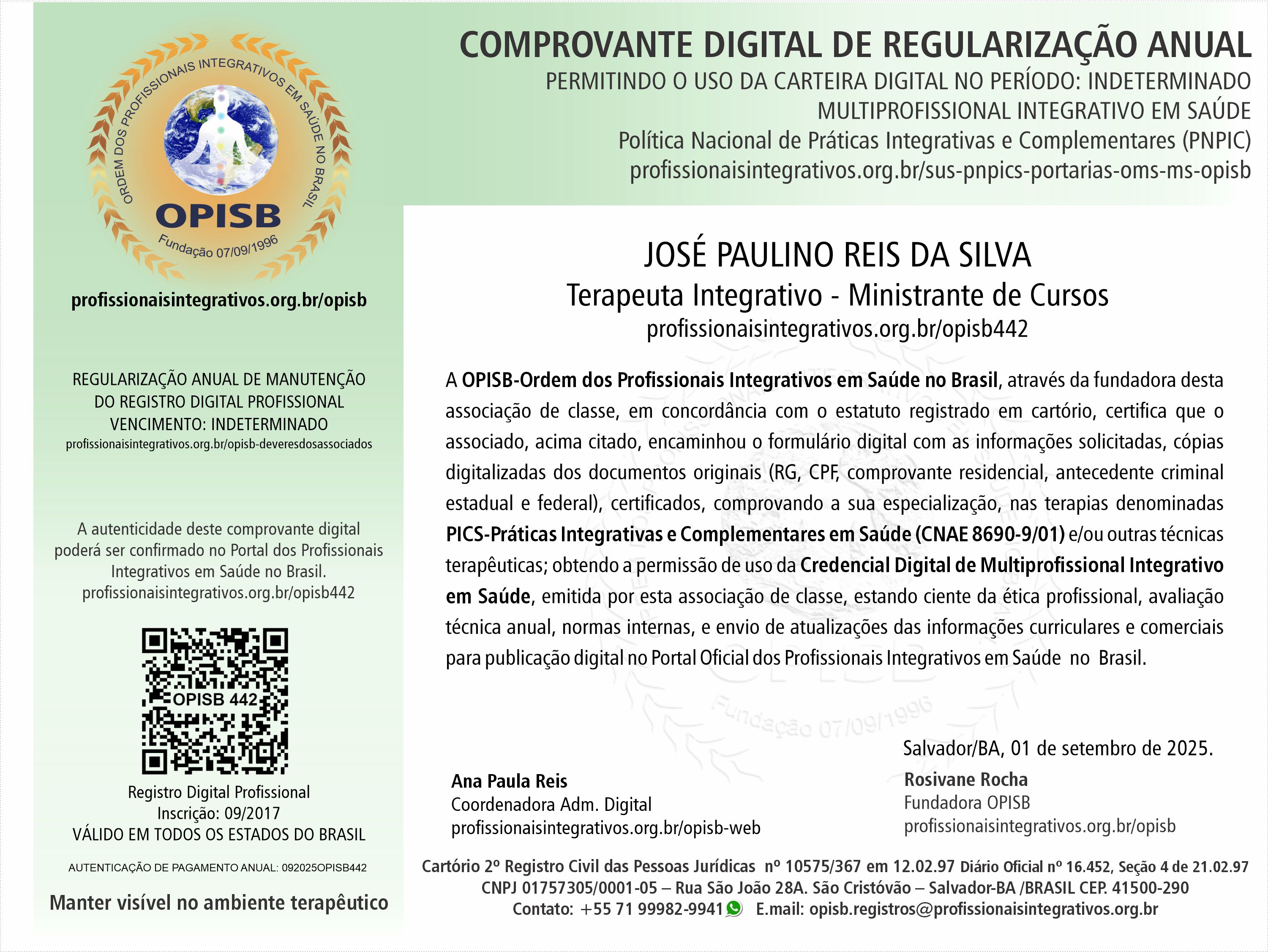 OPISB 442 José Paulino Reis Comprovante Digital de Regularização Anual