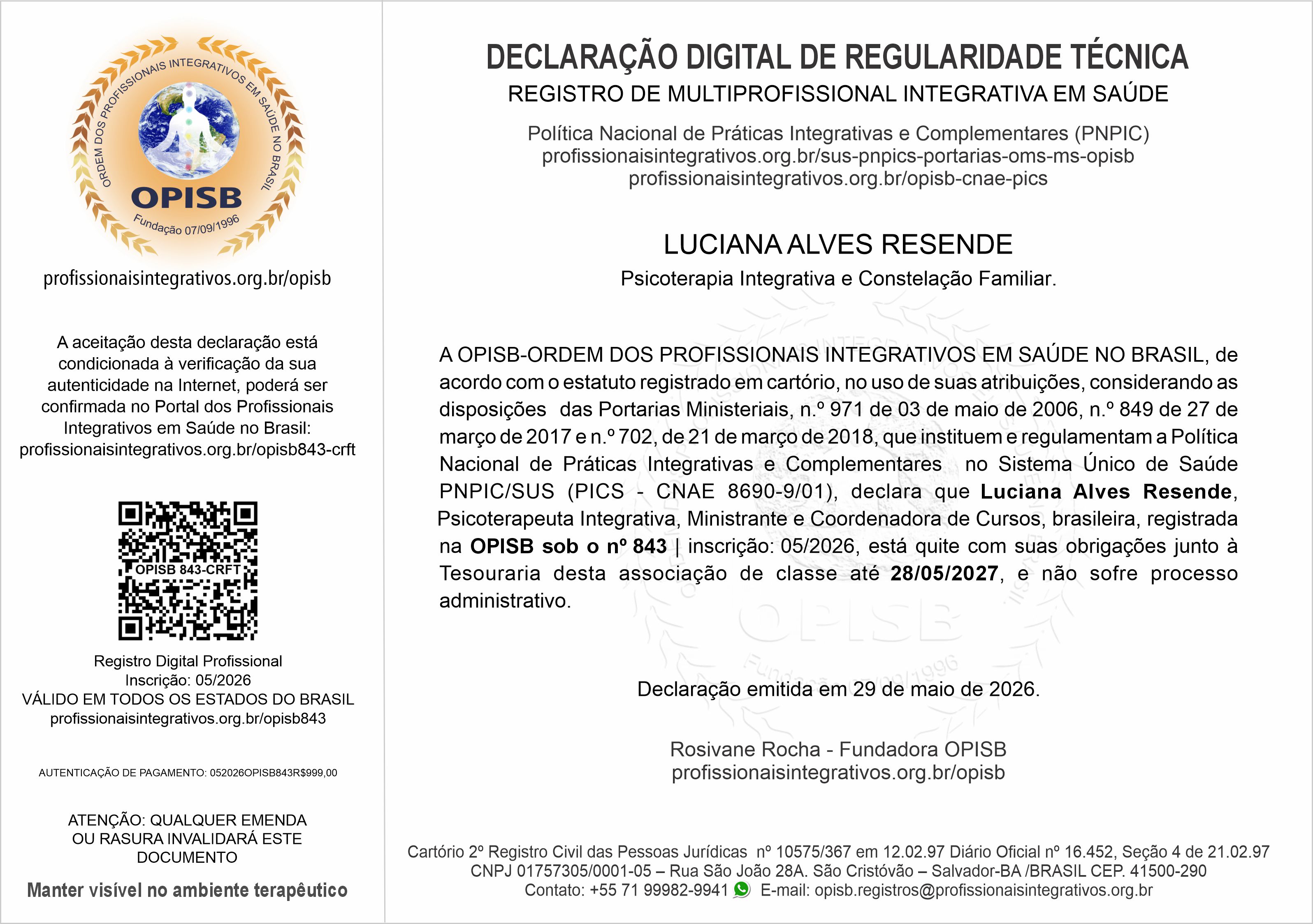 OPISB 843 Luciana Resende Declaração Digital de Regularidade Técnica