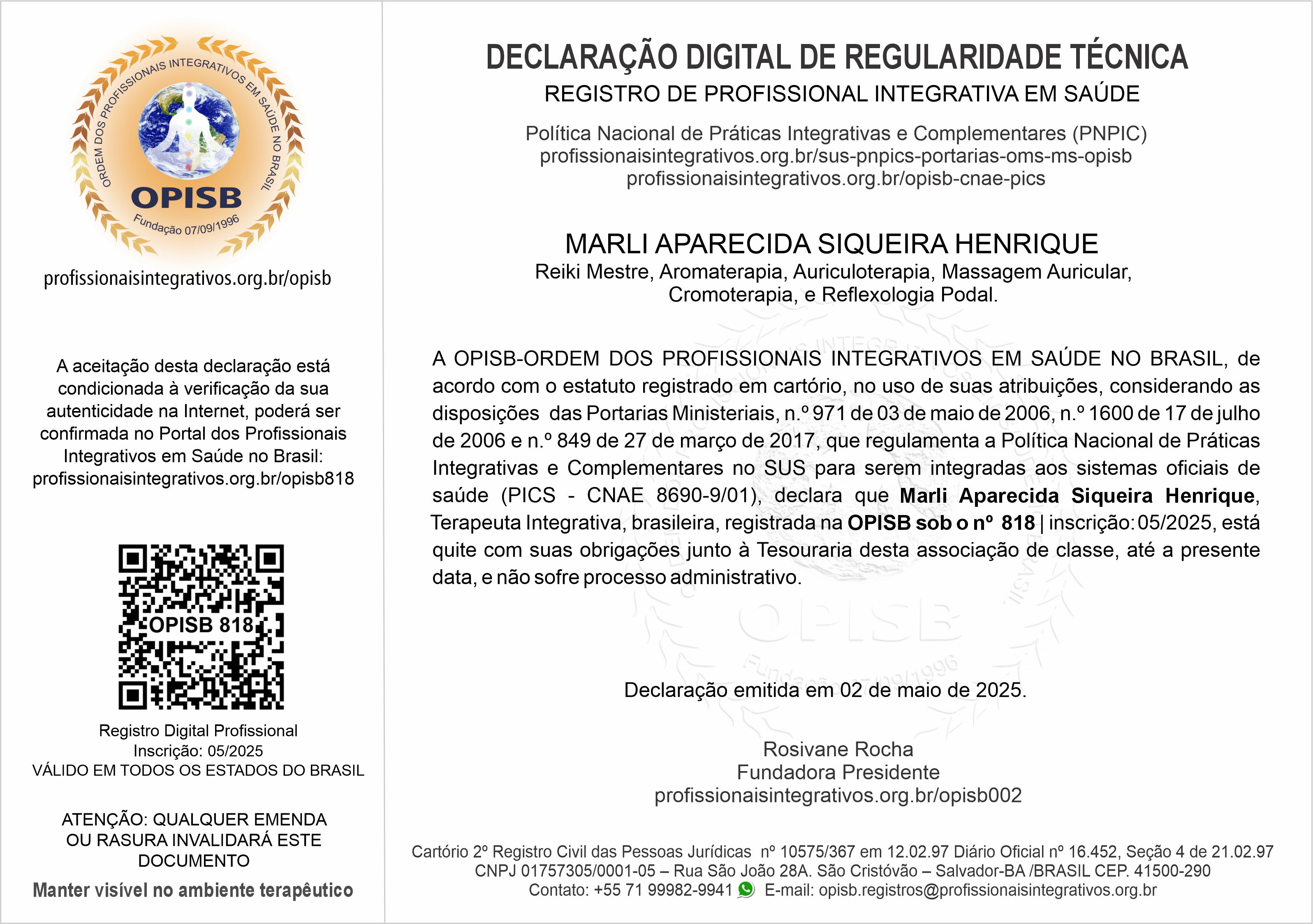 OPISB 818 Marli Aparecida Siqueira Henrique Declaração Digital de Regularidade Técnica