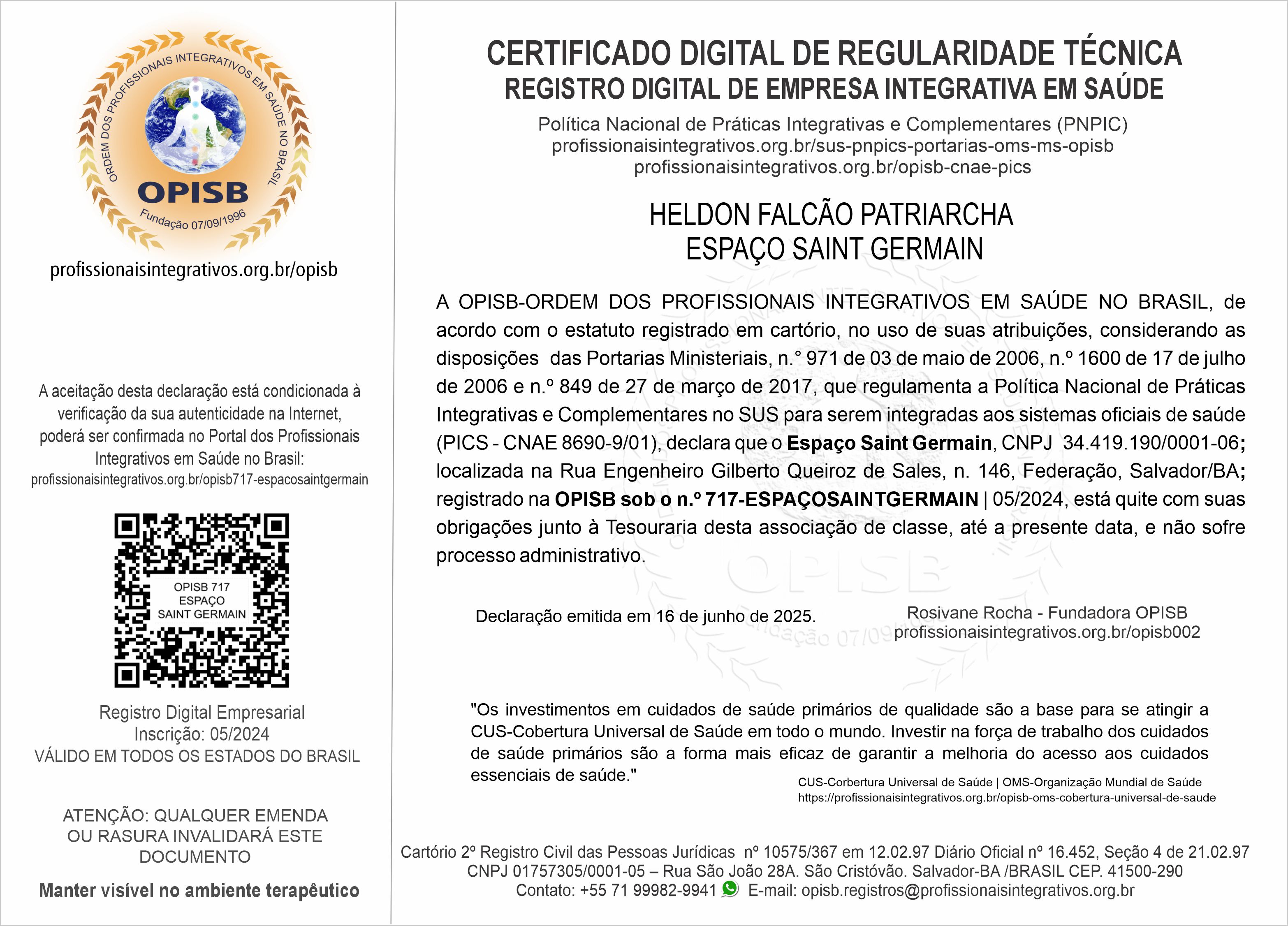 OPISB  717-Espaço Saint Germain Certificado Digital de Regularidade Técnica | Heldon Falcão Patriarcha