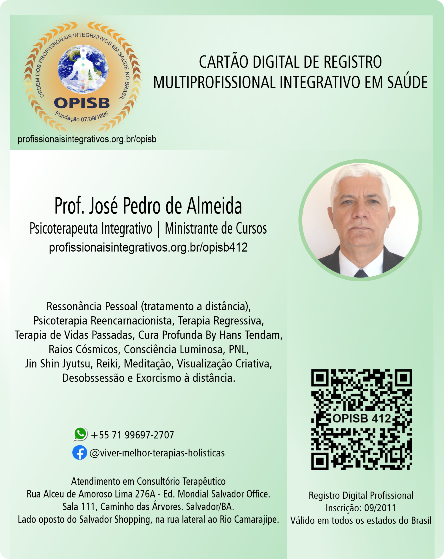 OPISB 412 Cartão Digital de Registro |  Prof. José Pedro de Almeida | Psicoterapeuta Integrativo - Ministrante de Cursos | Registro Profissional | Salvador - Bahia