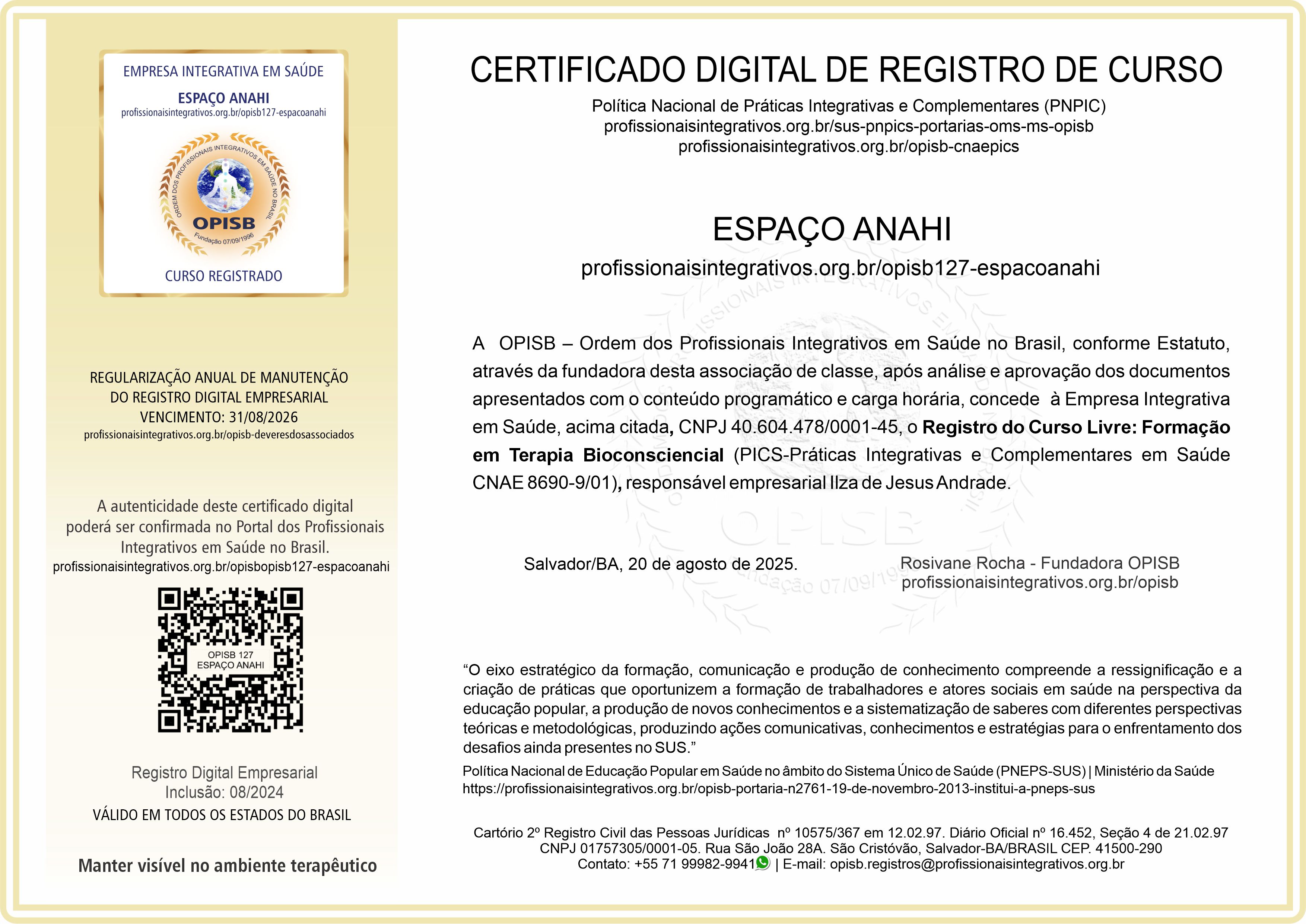 OPISB 127-ESPAÇOANAHI  Certificado de Registro de Cursos