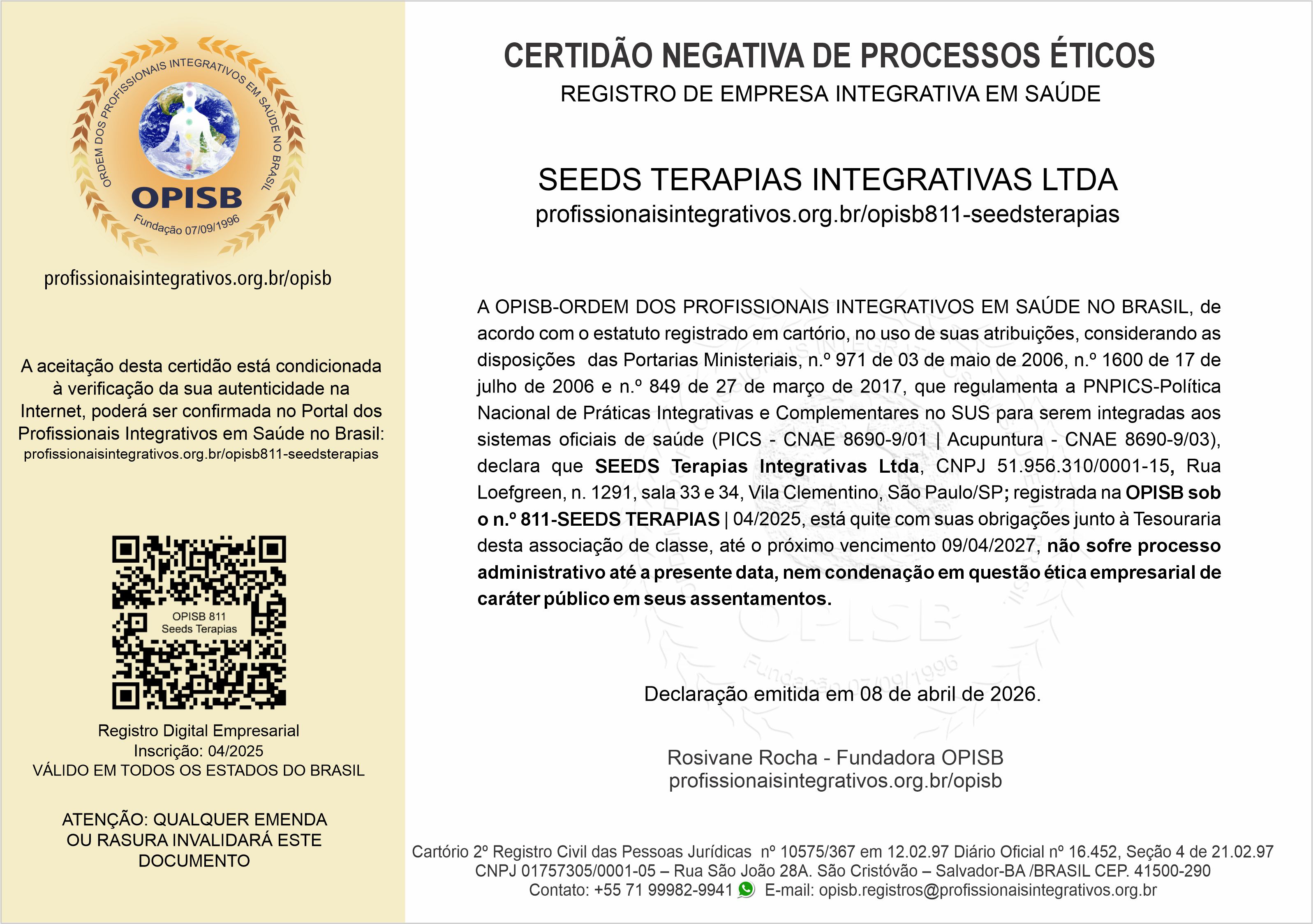 OPISB 811-Seeds Terapias Certidão Negativa de Processos Ético