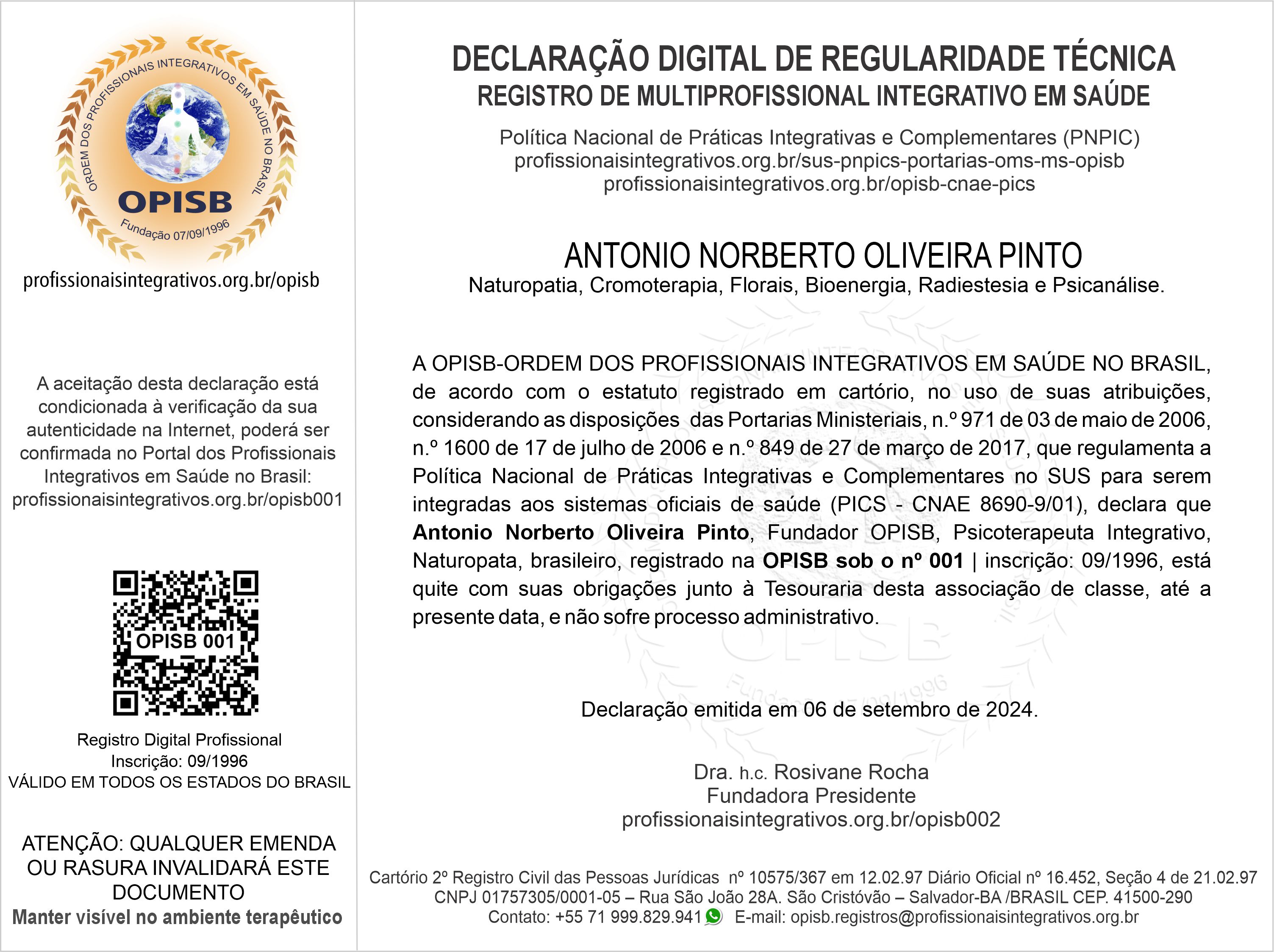 OPISB 001 Prof. Dr. Norberto Pinto Declaração Digital de Regularidade Técnica