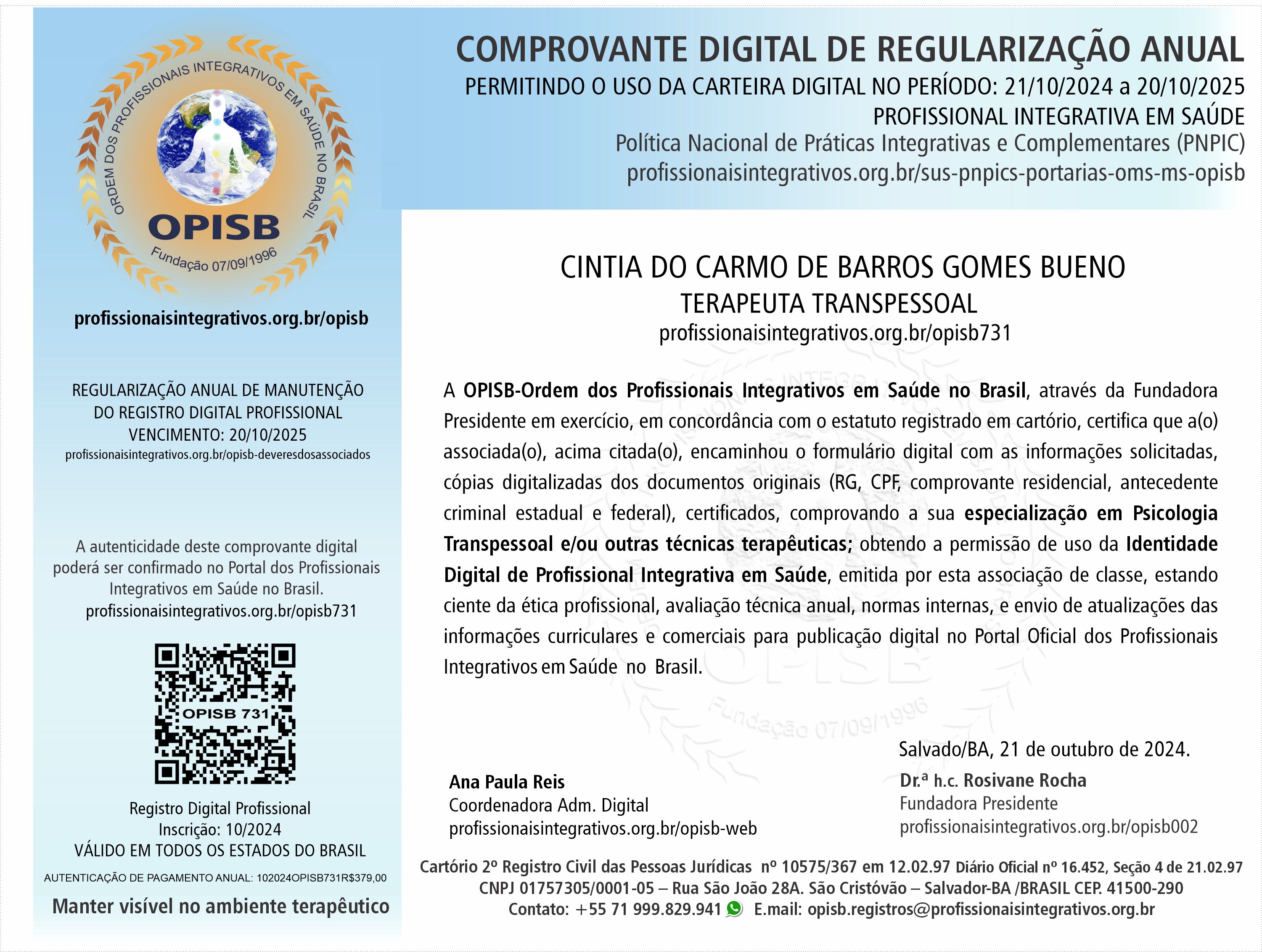 OPISB 731 Cintia Gomes Comprovante Digital de Regularização Anual