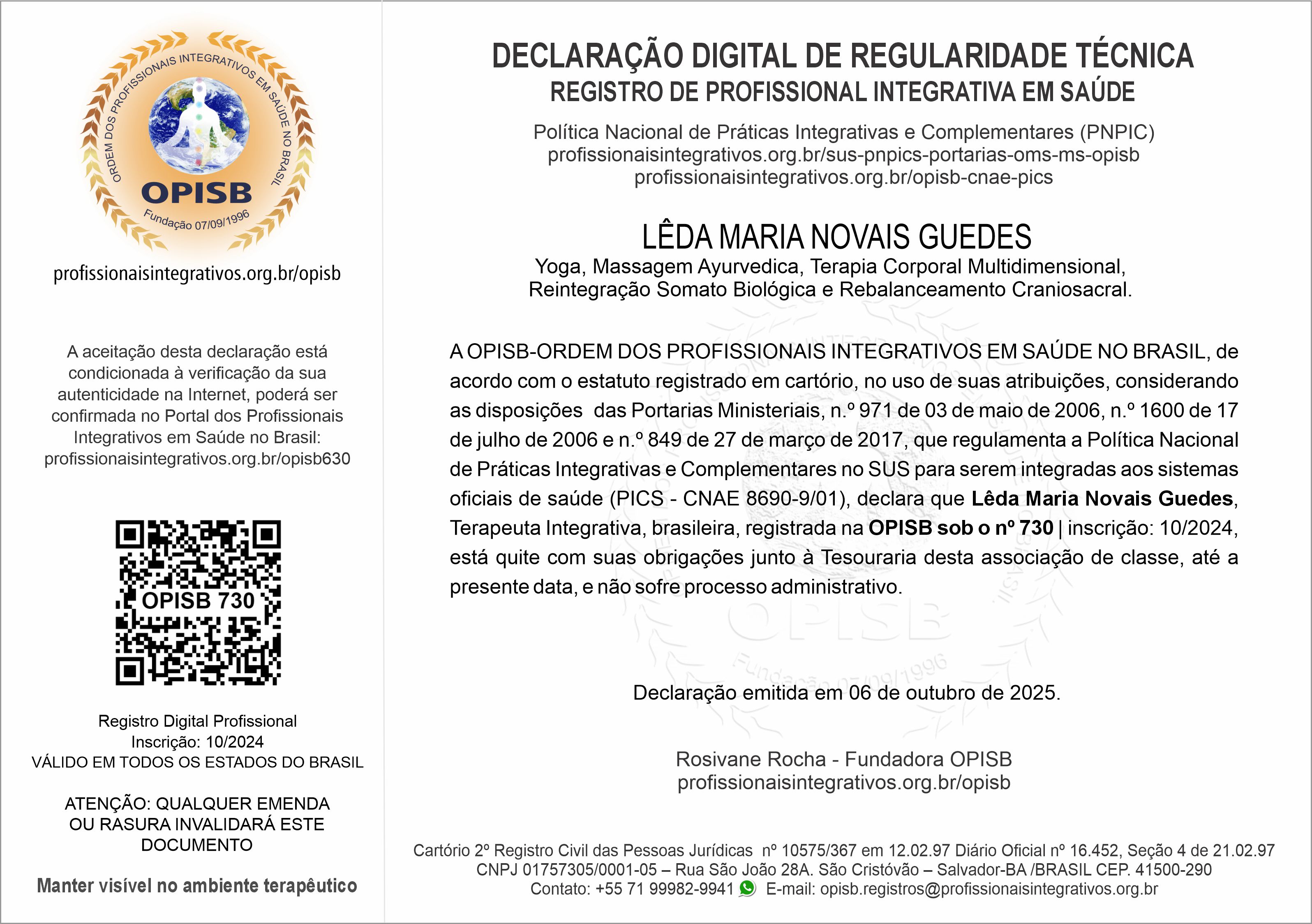 OPISB 730 Lêda Guedes  Declaração Digital de Regularidade Técnica