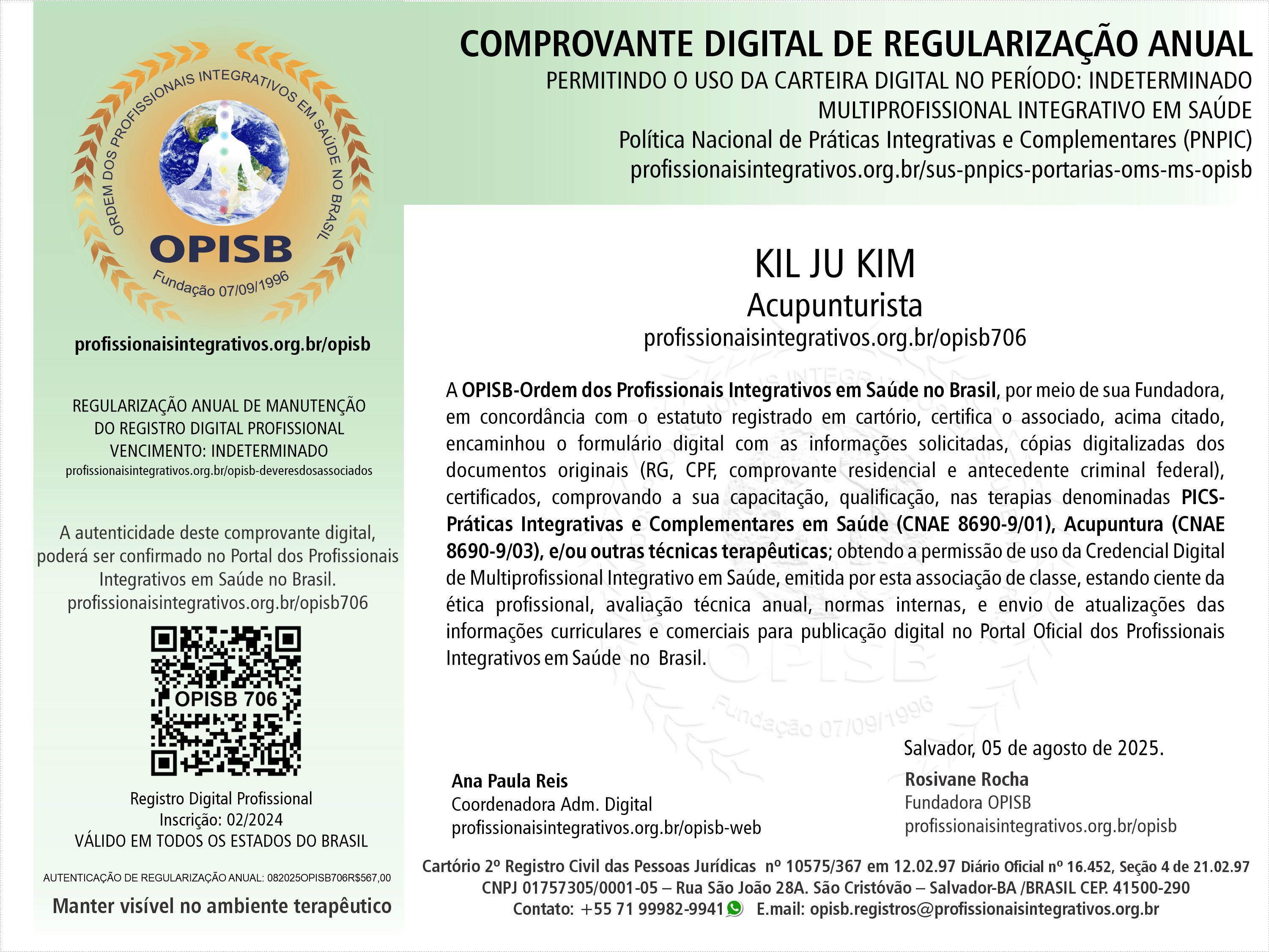 OPISB 706 Kil Ju Kim Comprovante Digital de Regularização Anual