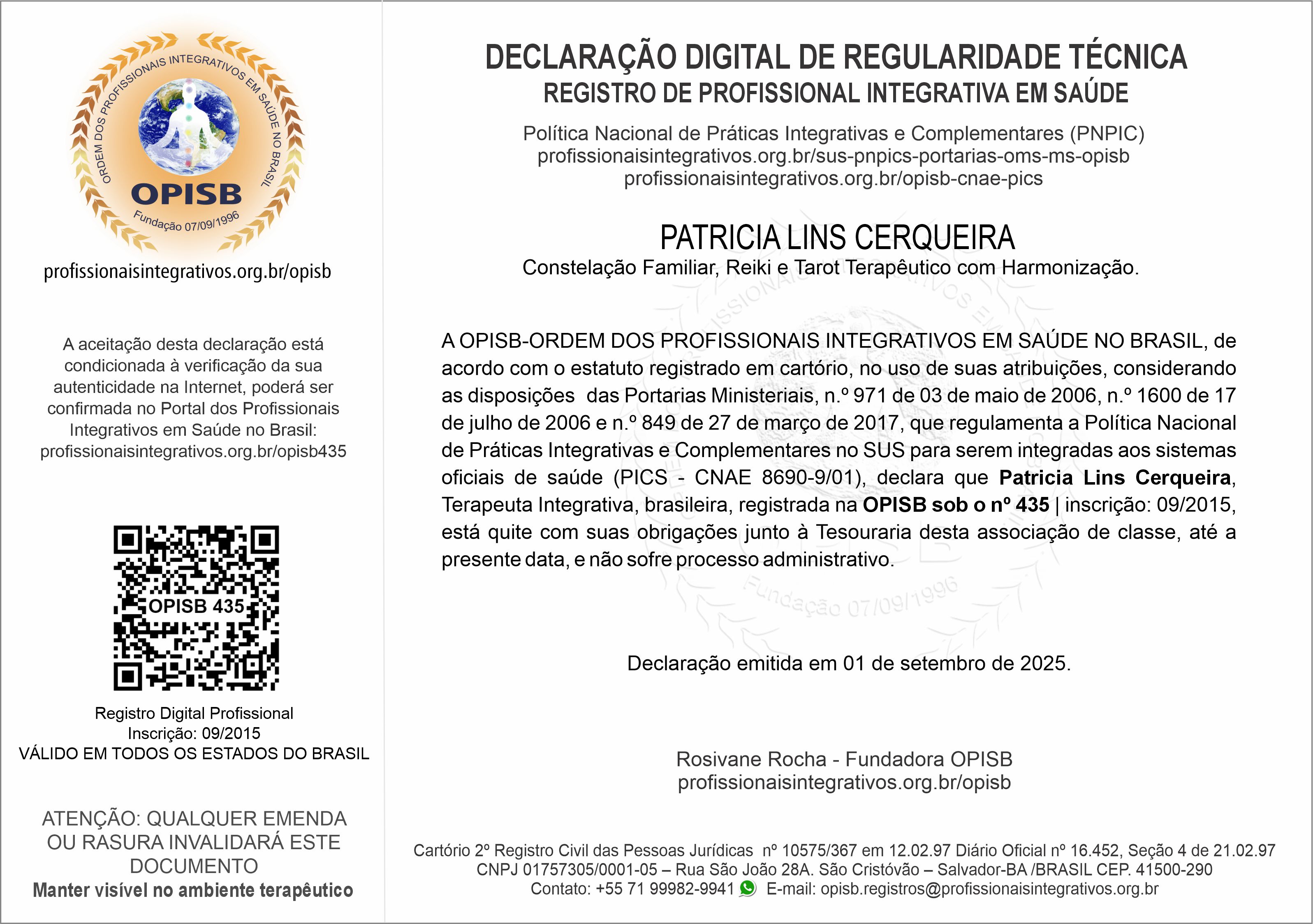 OPISB 435 Patricia Lins  Declaração Digital de Regularidade Técnica