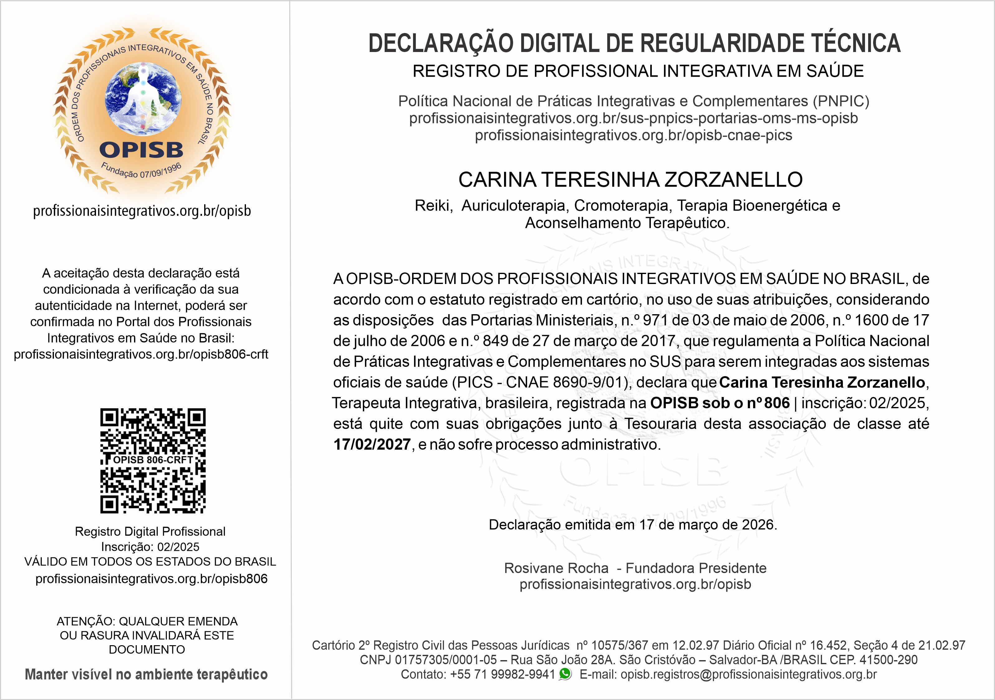 OPISB 806 Carina Teresinha Zorzanello Declaração Digital de Regularidade Técnica