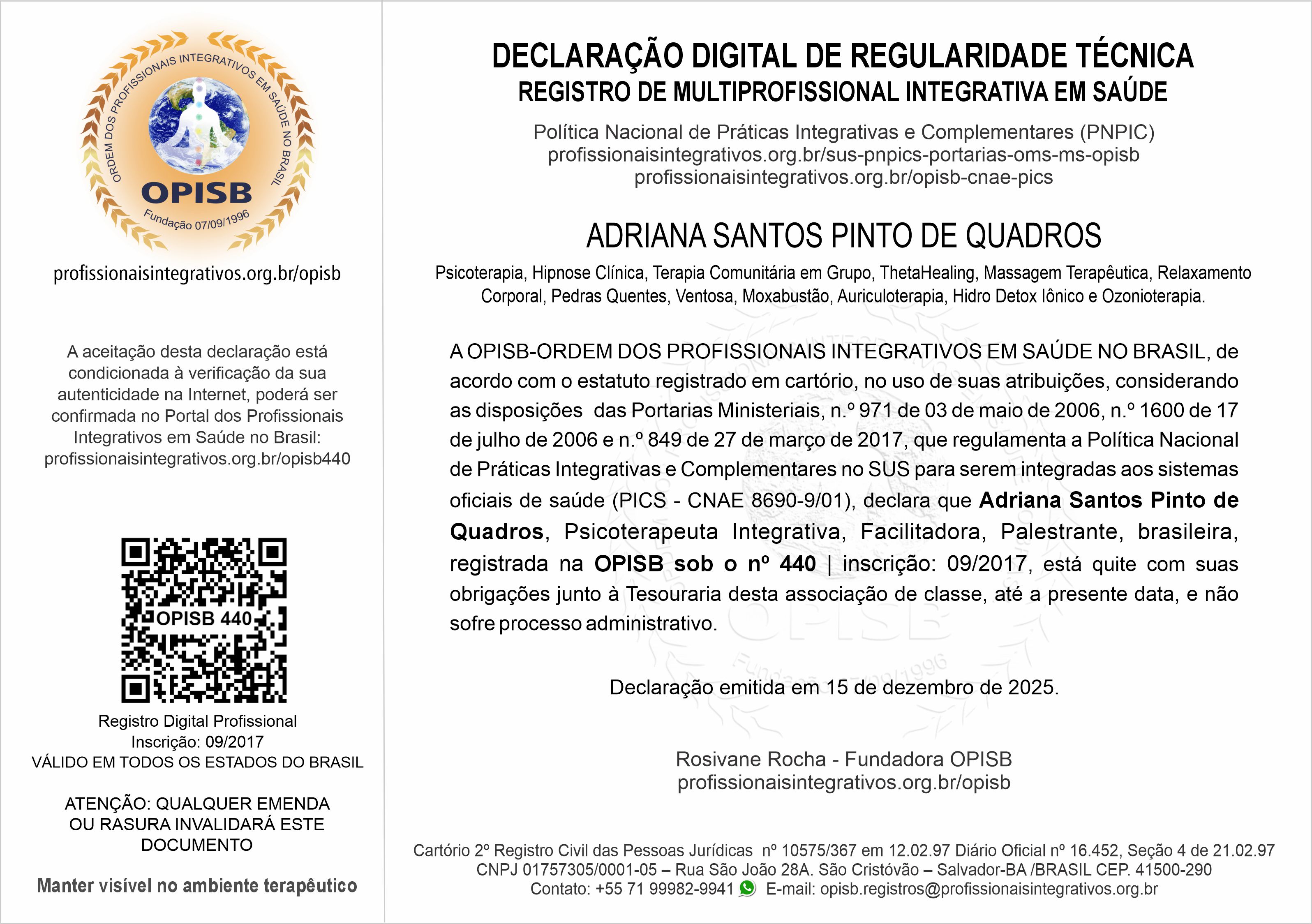 OPISB 440  Adriana Pinto de Quadros  Declaração Digital de Regularidade Técnica