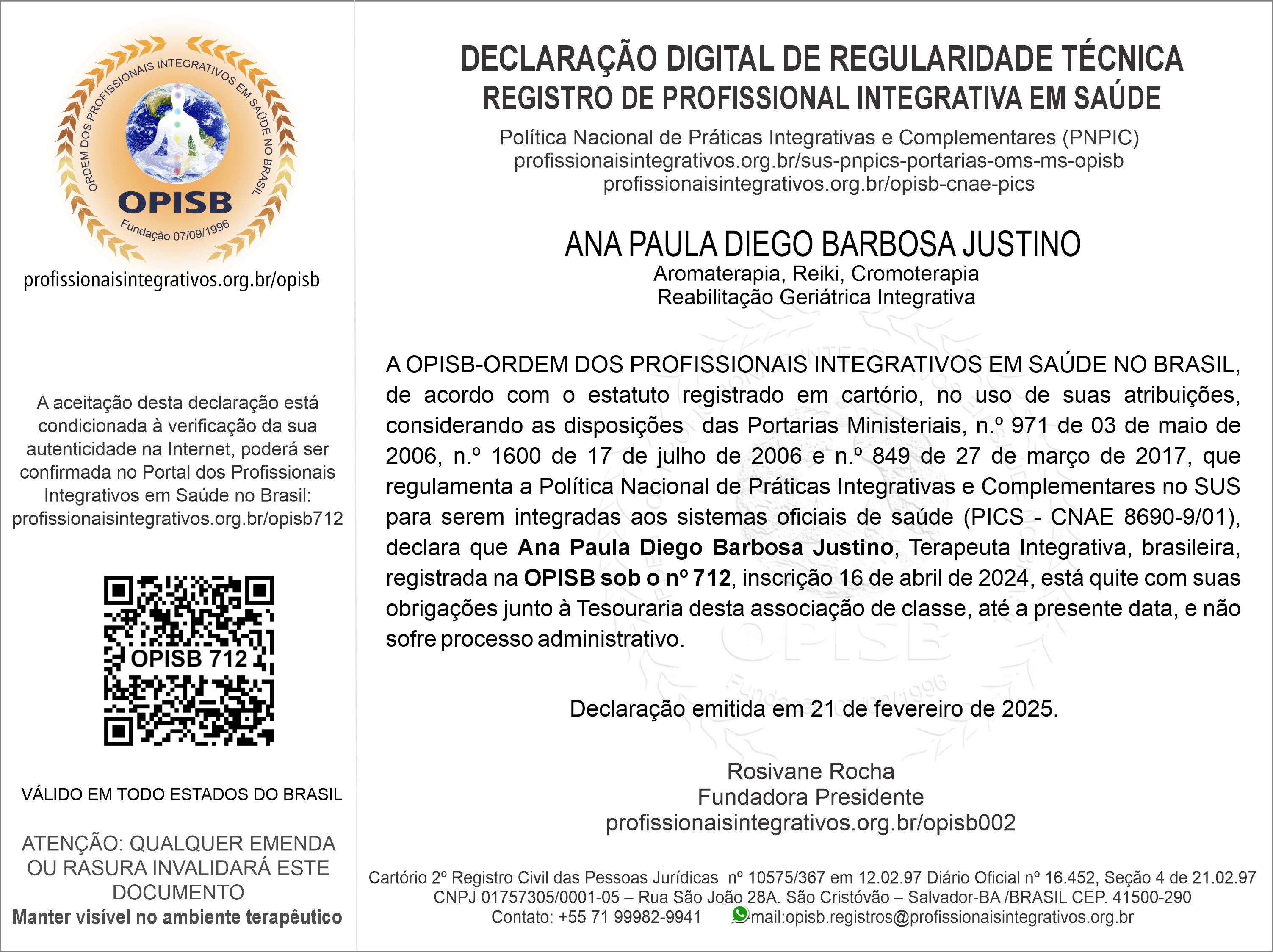 OPISB 712 Declaração Digital de Regularidade Técnica