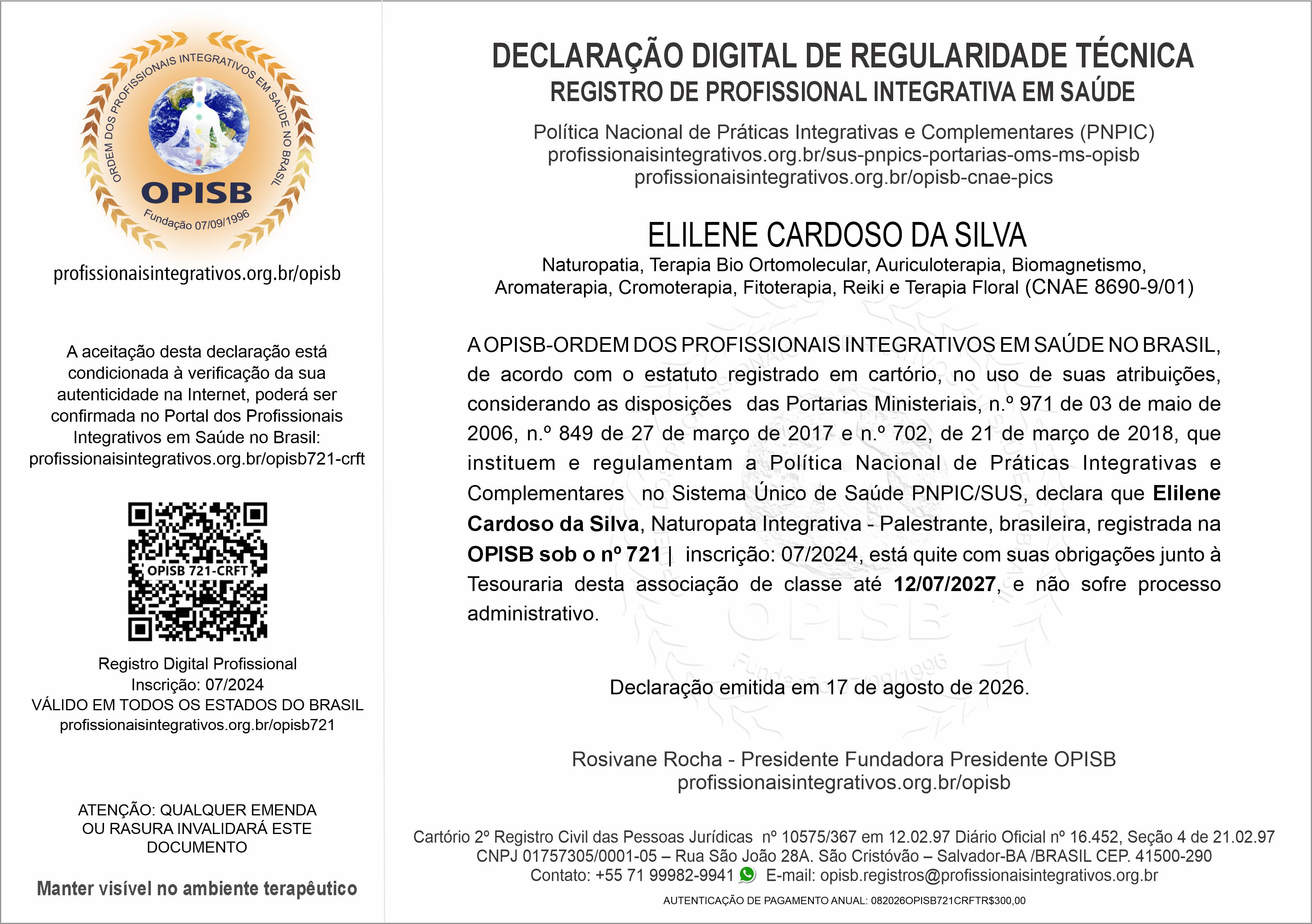 OPISB 721-CRFT Declaração Digital de Regularidade Técnica