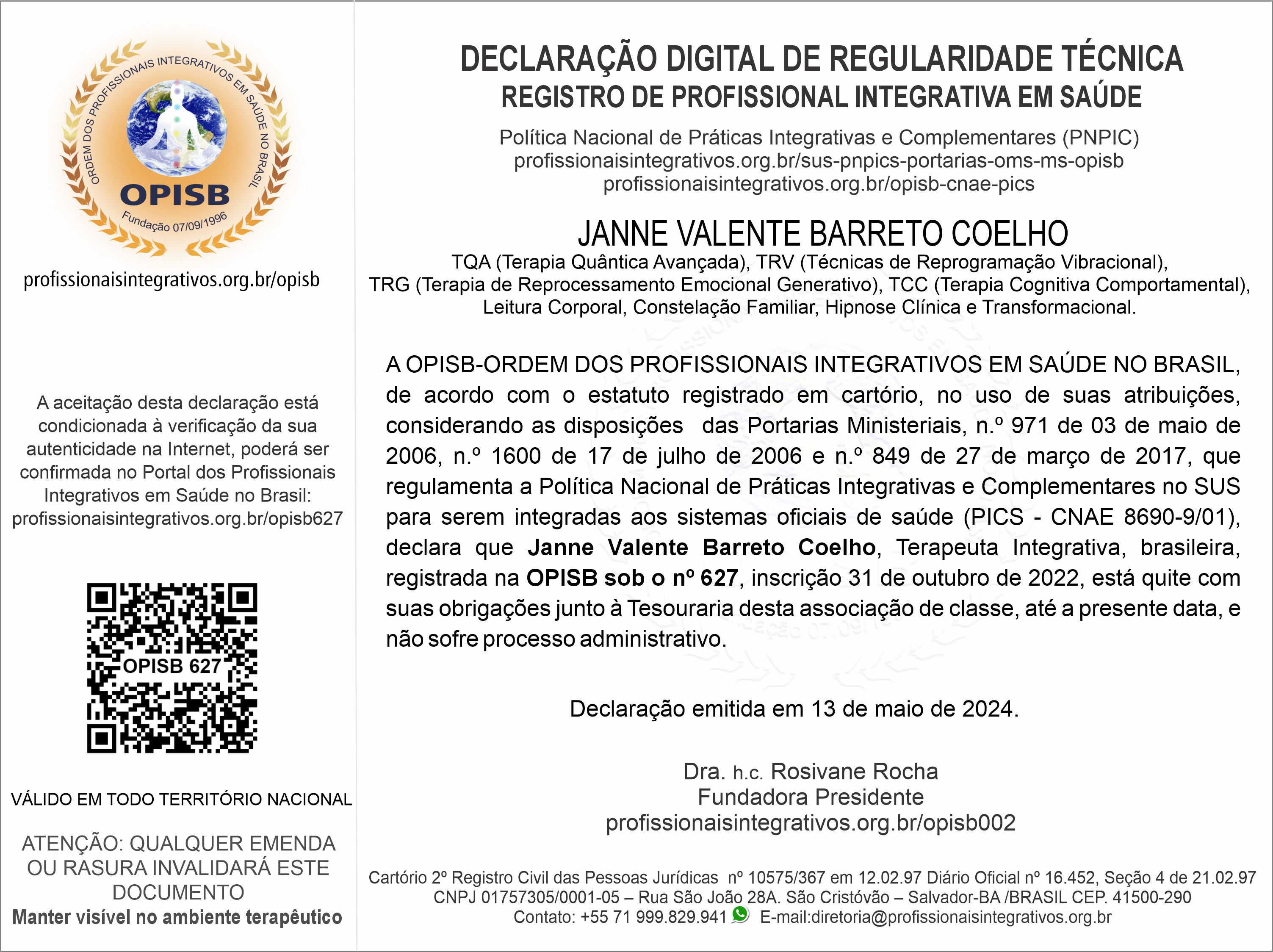 OPISB 627 Declaração Digital de Regularidade Técnica