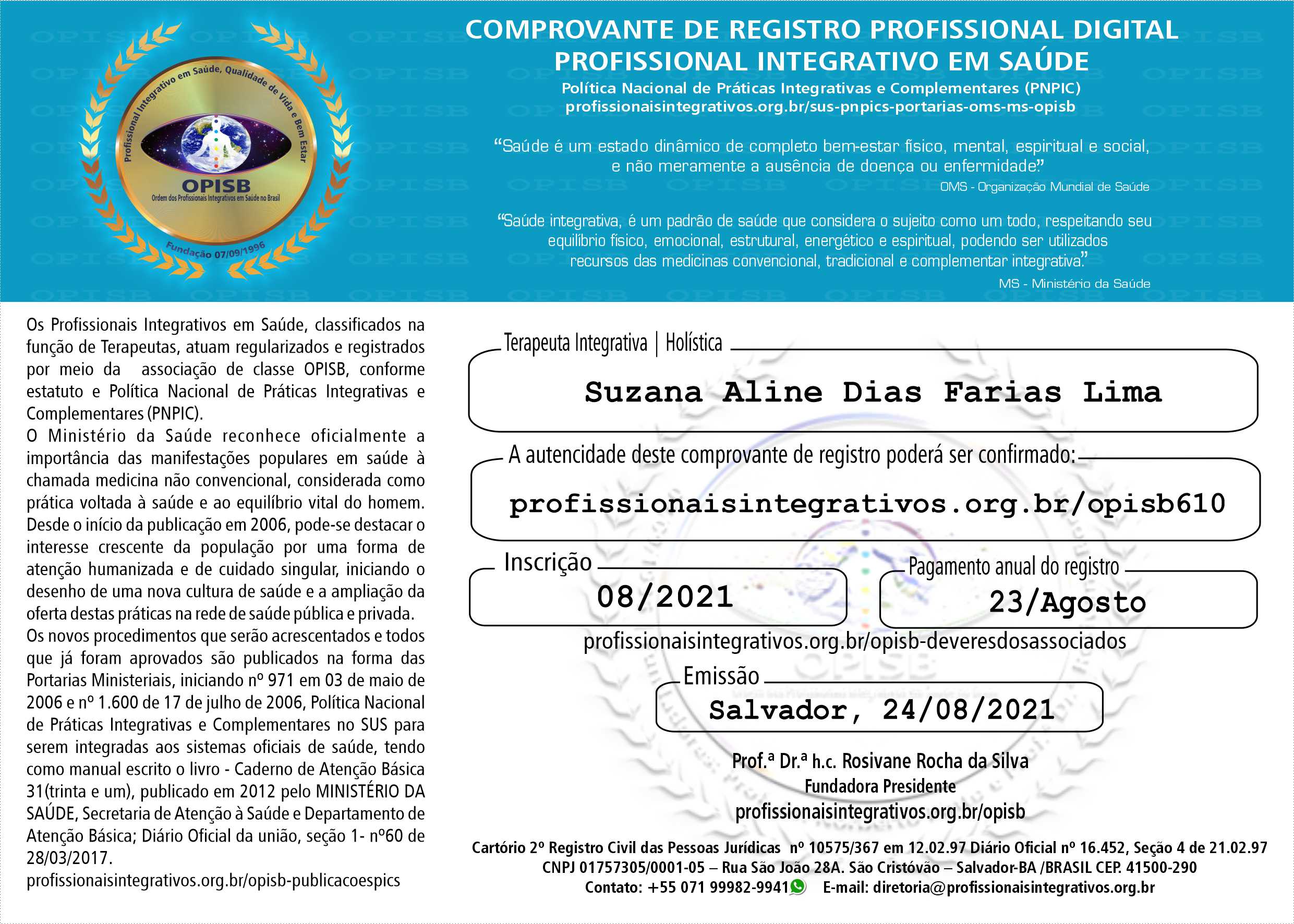 OPISB 610 SUZANA ALINE DIAS FARIAS LIMA COMPROVANTE DE REGISTRO DIGITAL PROFISSIONAL INTEGRATIVO EM SAÚDE