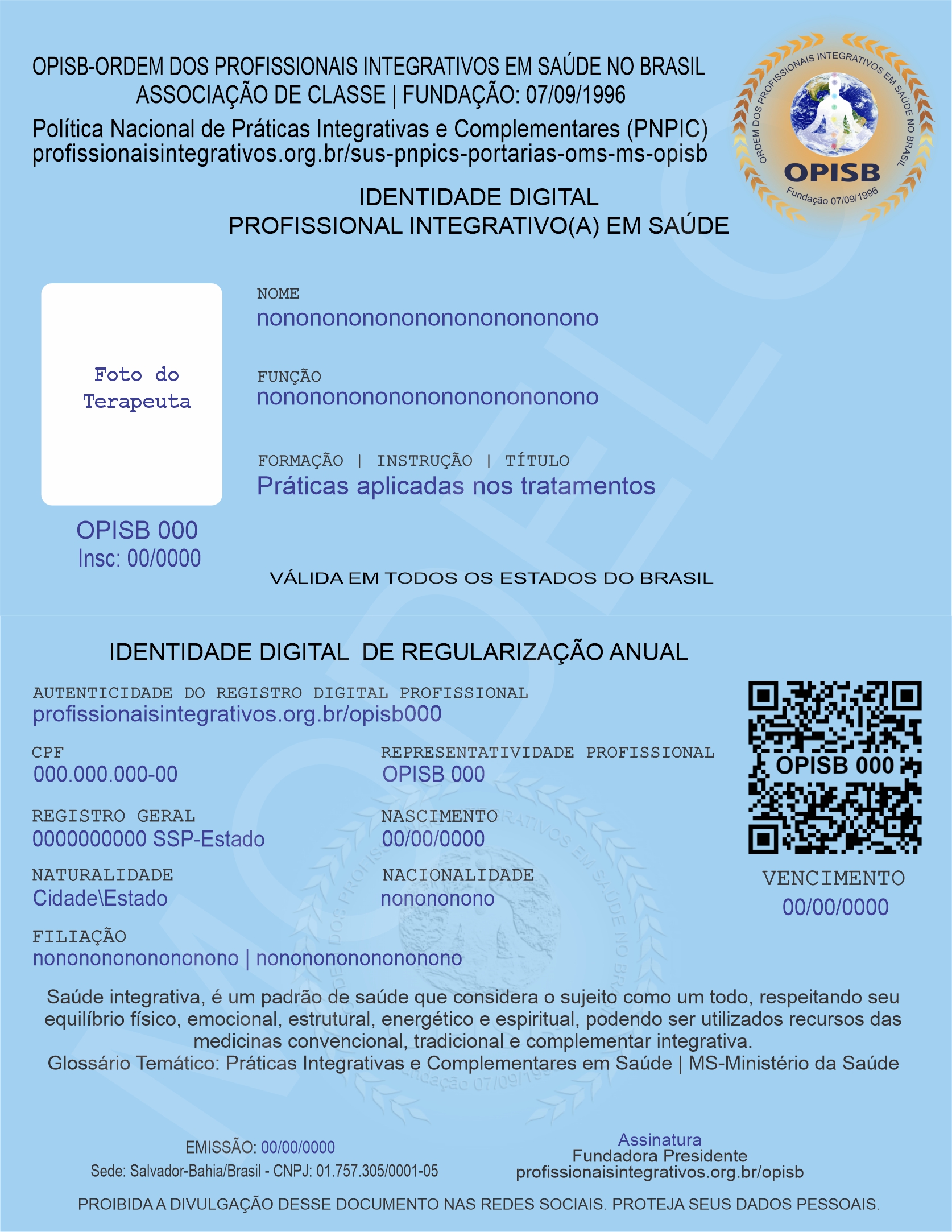 OPISB Identidade Digital do Profissional Integrativo em Saúde - Carteira de Terapeuta - Registro de Terapeuta