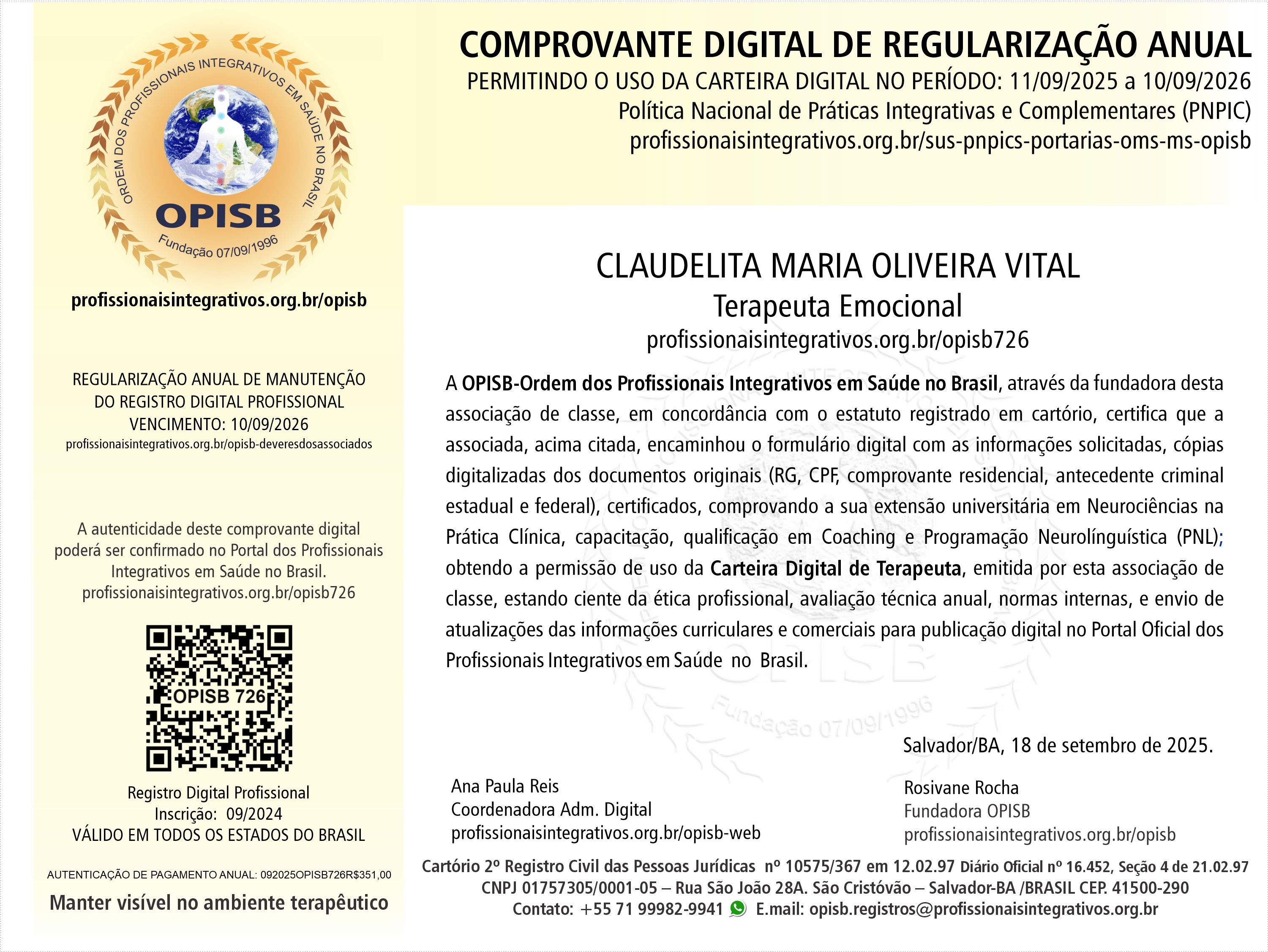 OPISB 726 Claudelita Vital  Comprovante Digital de Regularização Anual