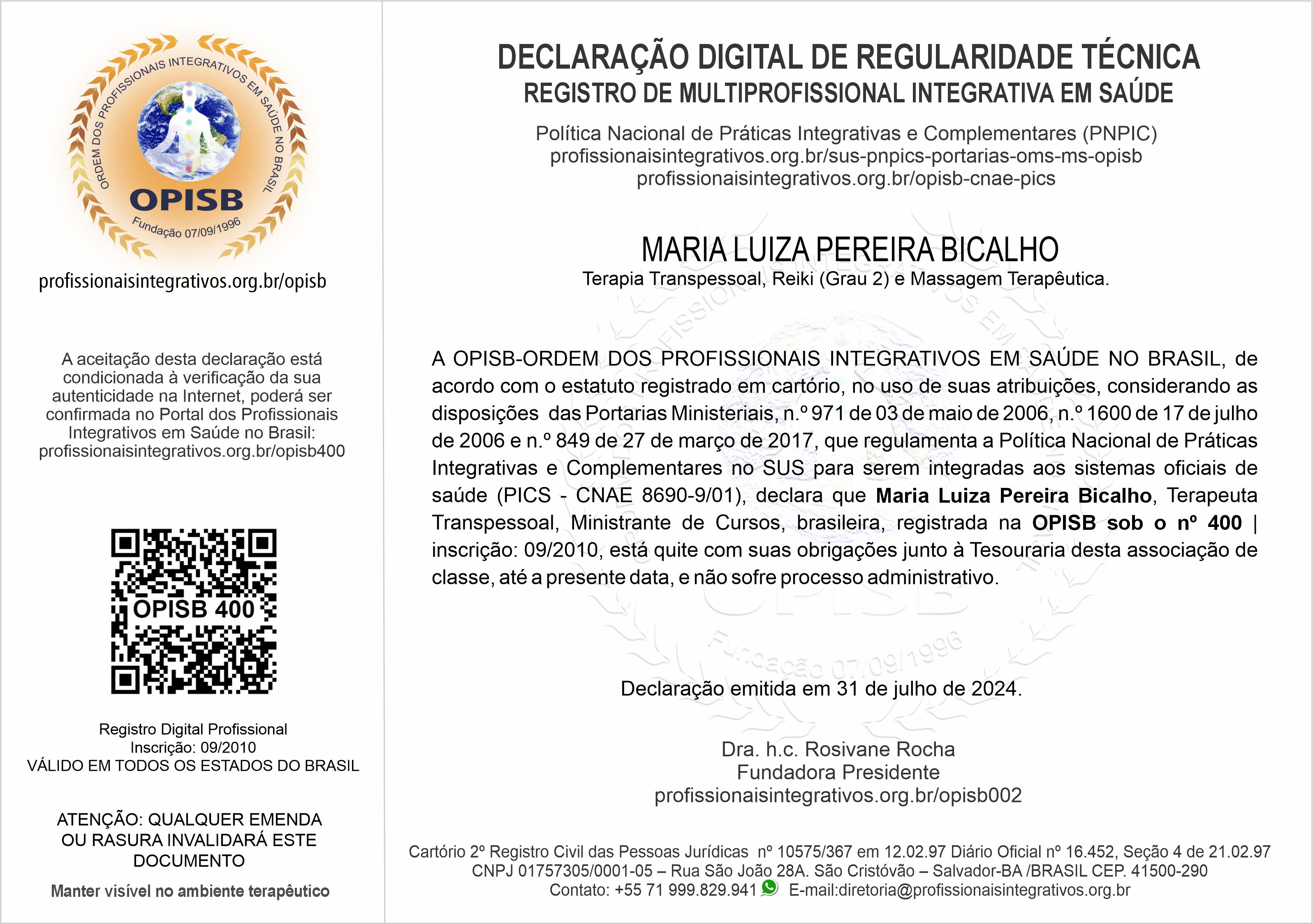 OPISB 400 Declaração Digital de Regularidade Técnica
