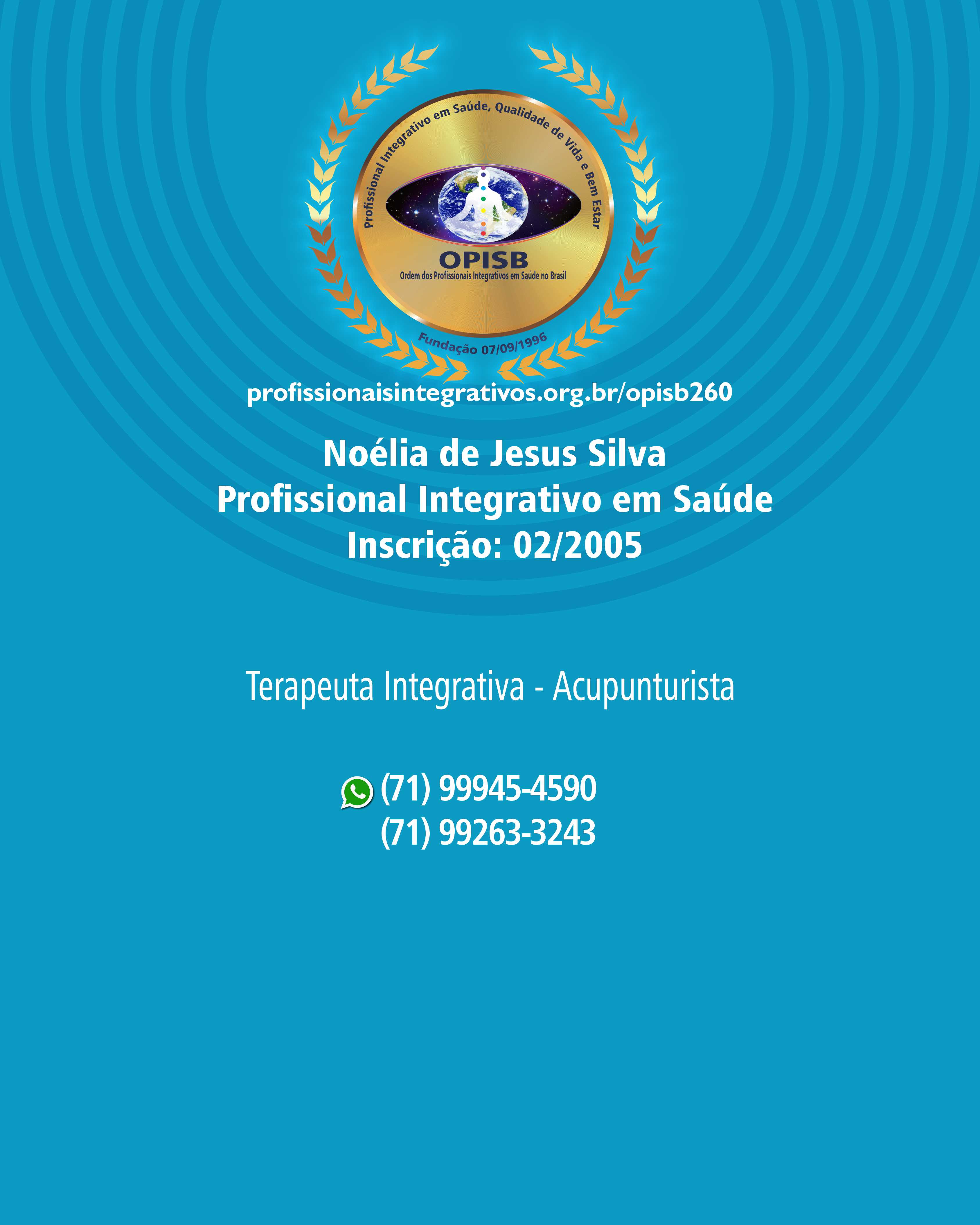 OPISB 260 NOÉLIA DE JESUS SILVA CARTÃO DE DIVULGAÇÃO PROFISSIONAL INTEGRATIVO EM SAÚDE verso