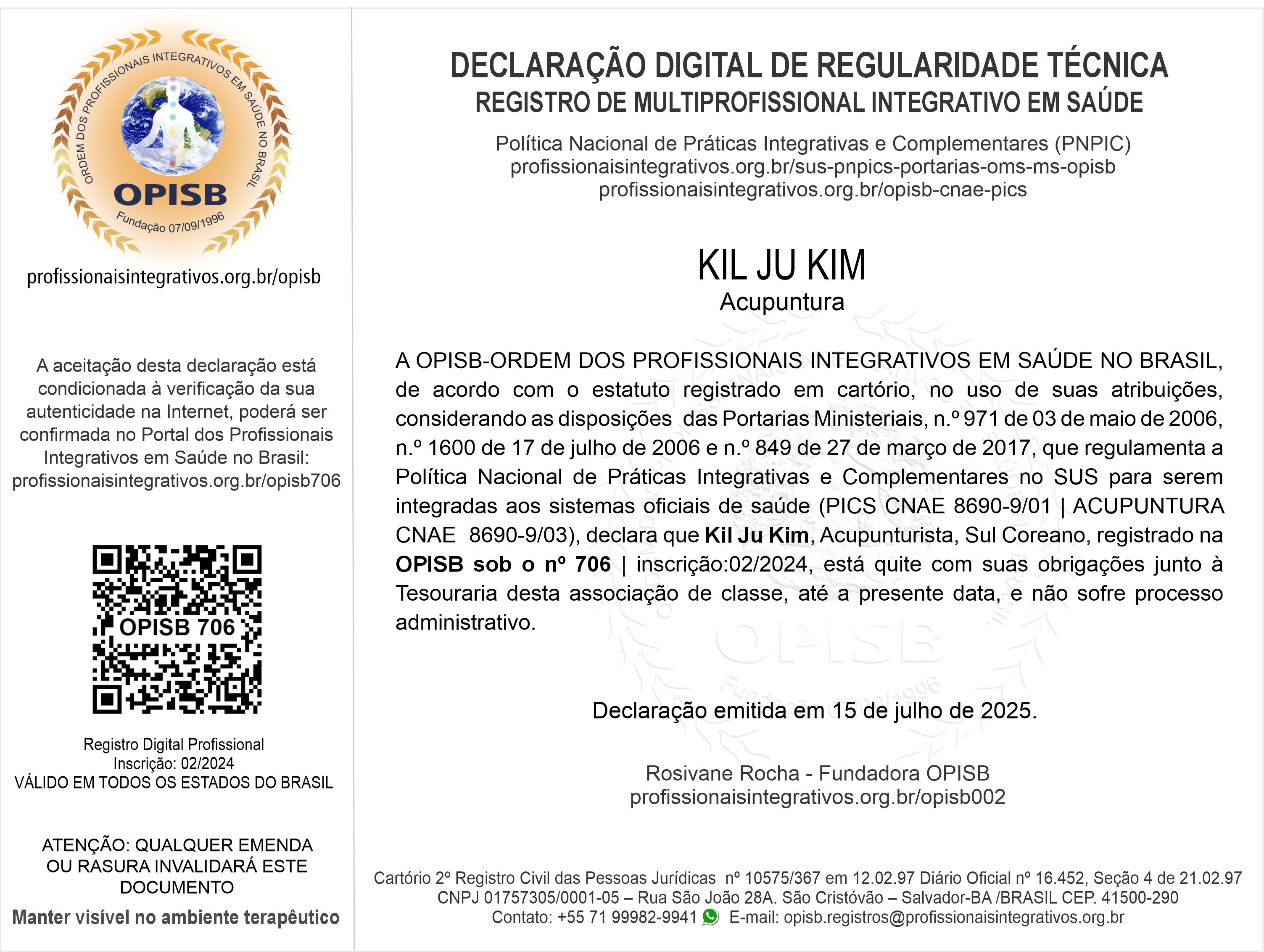 OPISB 706 Declaração Digital de Regularidade Técnica