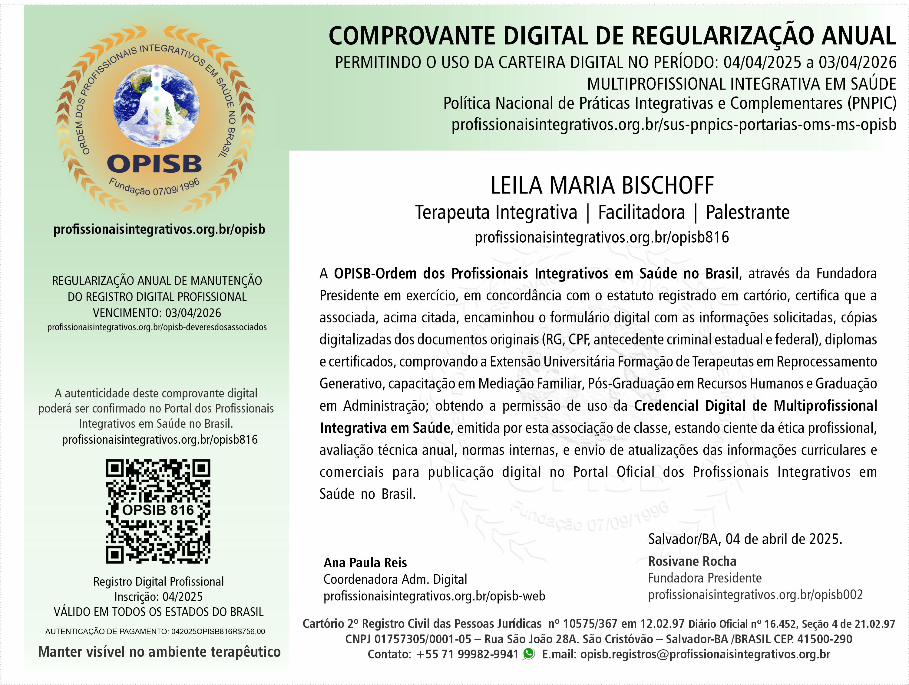 OPISB 816 Leila Maria Bischoff Comprovante Digital de Regularização Anual