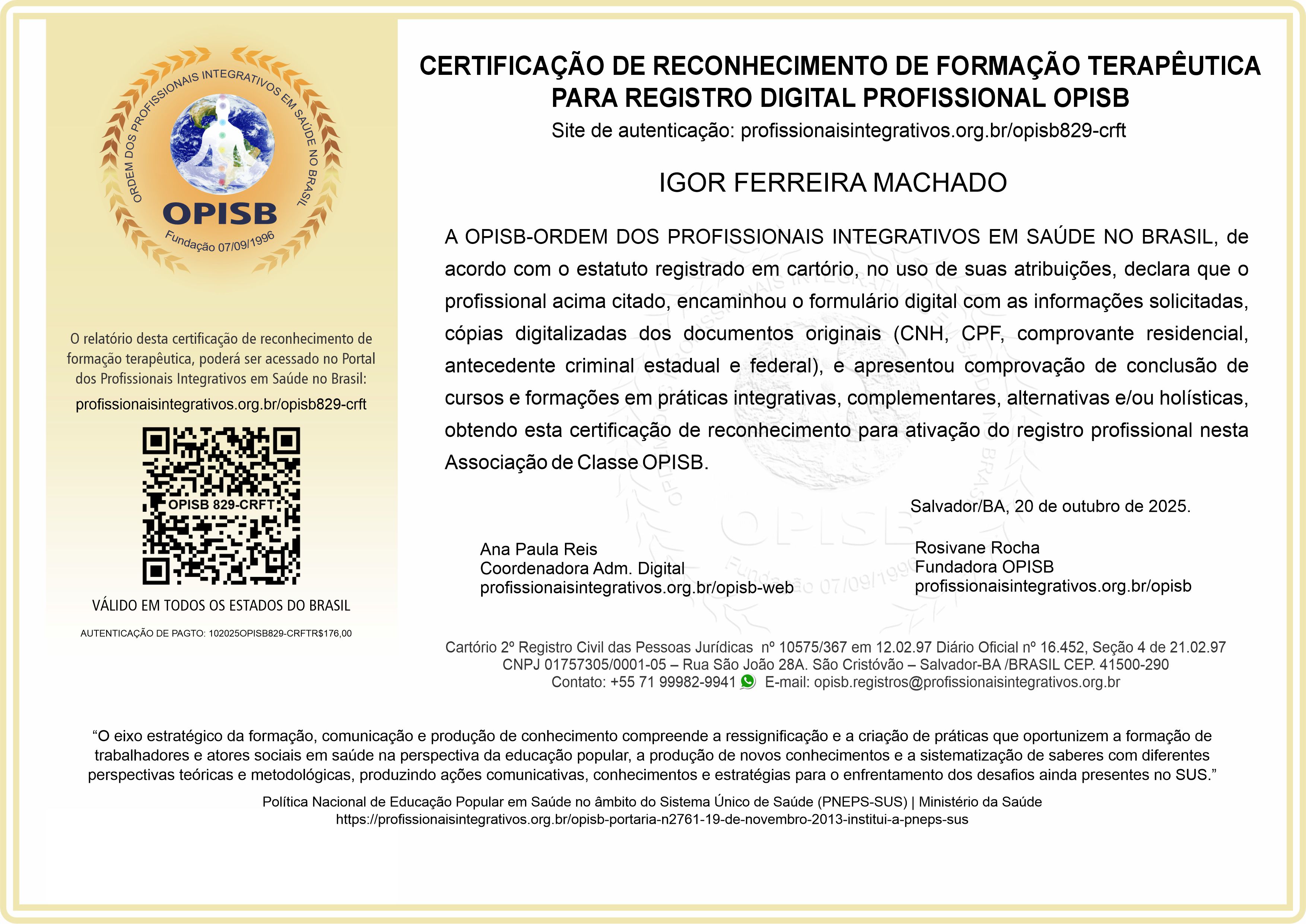 OPISB 829-CRFT Certificação de Reconhecimento de Formação Terapêutica