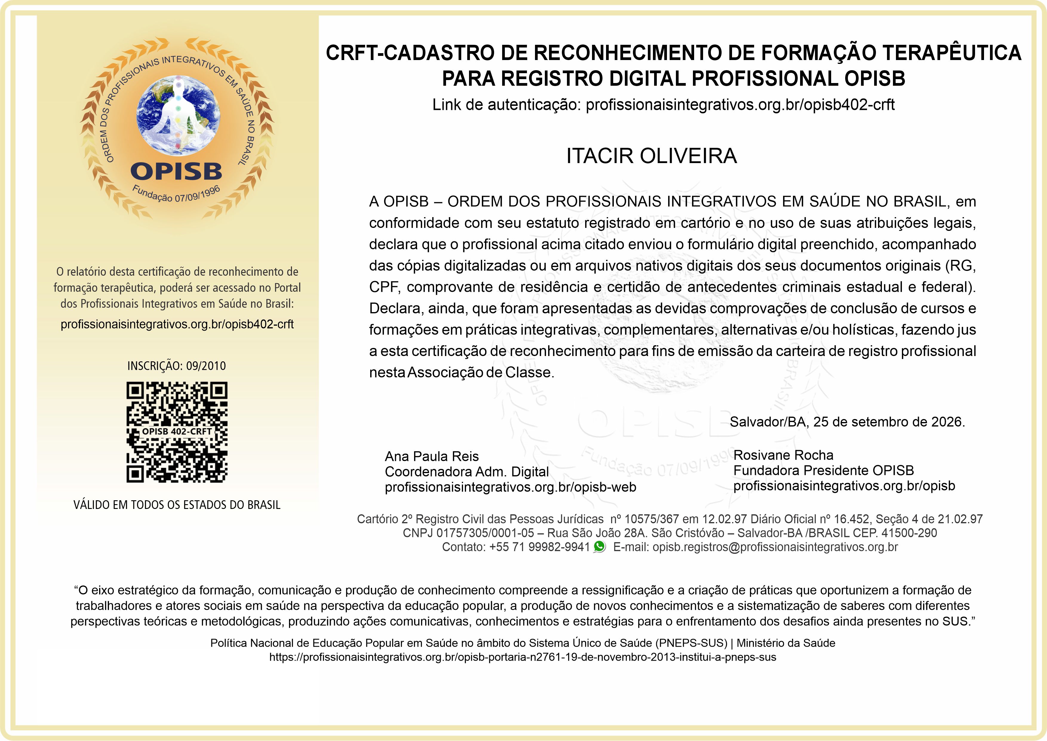OPISB 402-CRFT Cadastro de Reconhecimento de Formação Terapêutica