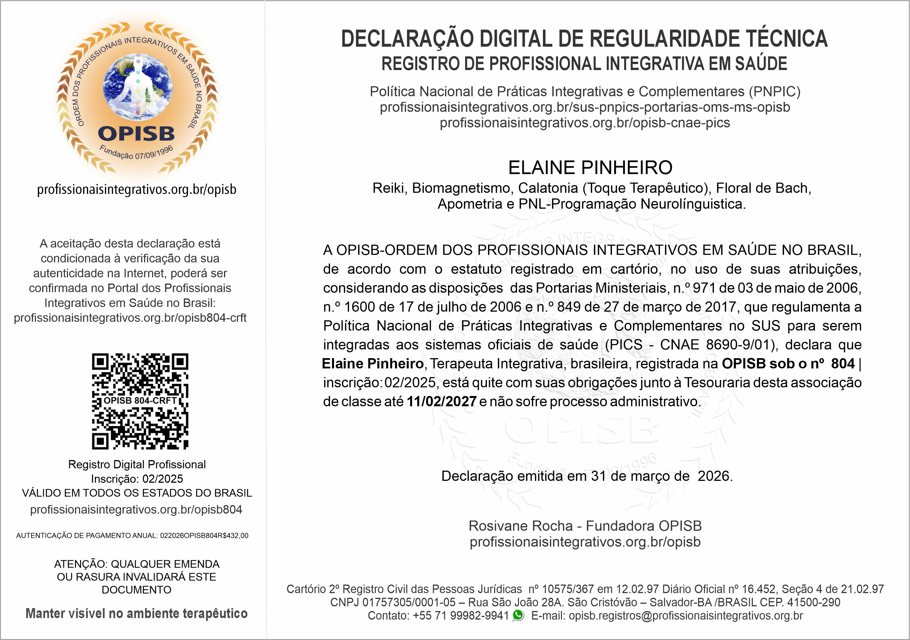 OPISB 804 Elaine Pinheiro Declaração Digital de Regularidade Técnica