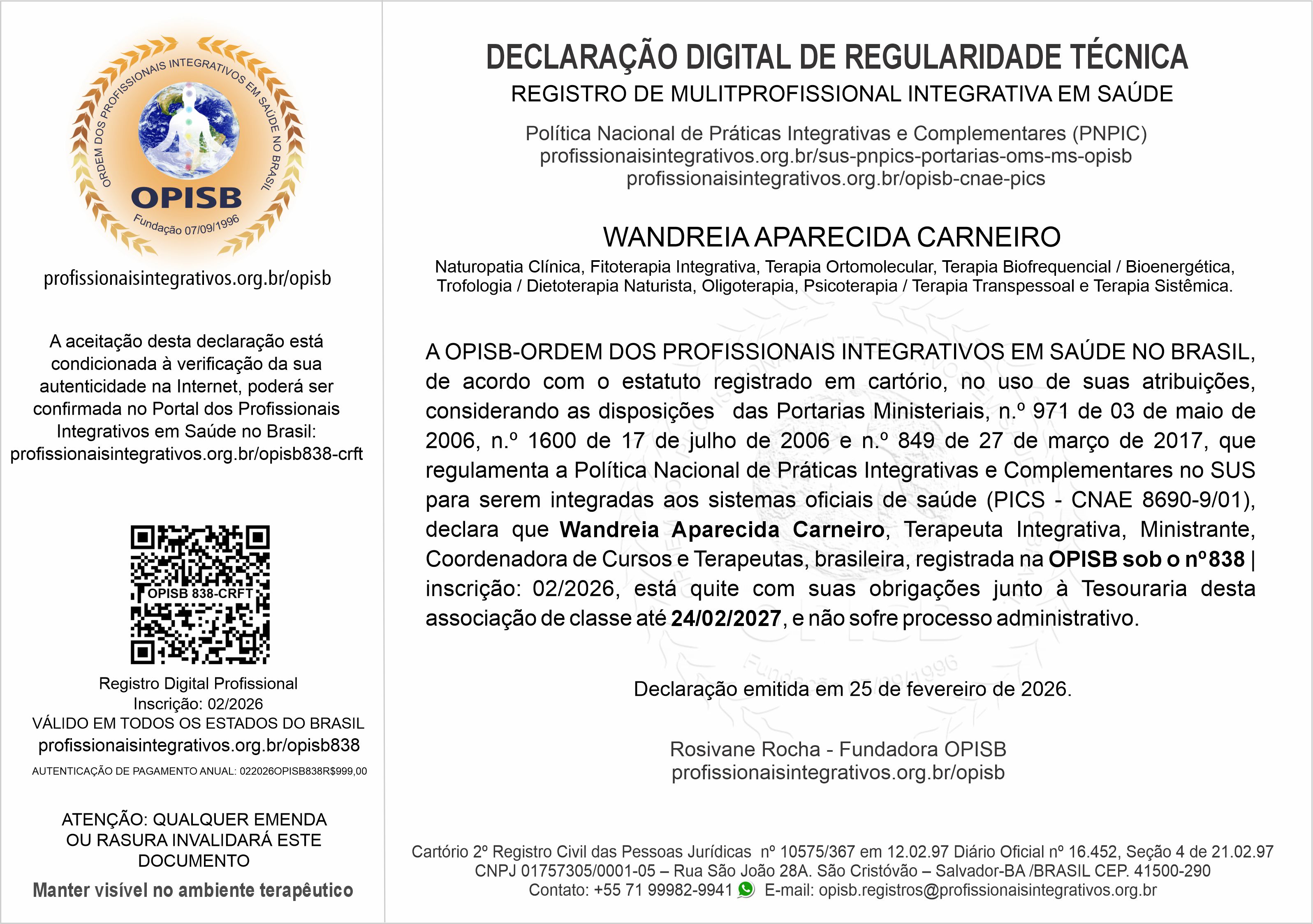 OPISB 838 Wandreia Carneiro Declaração Digital de Regularidade Técnica